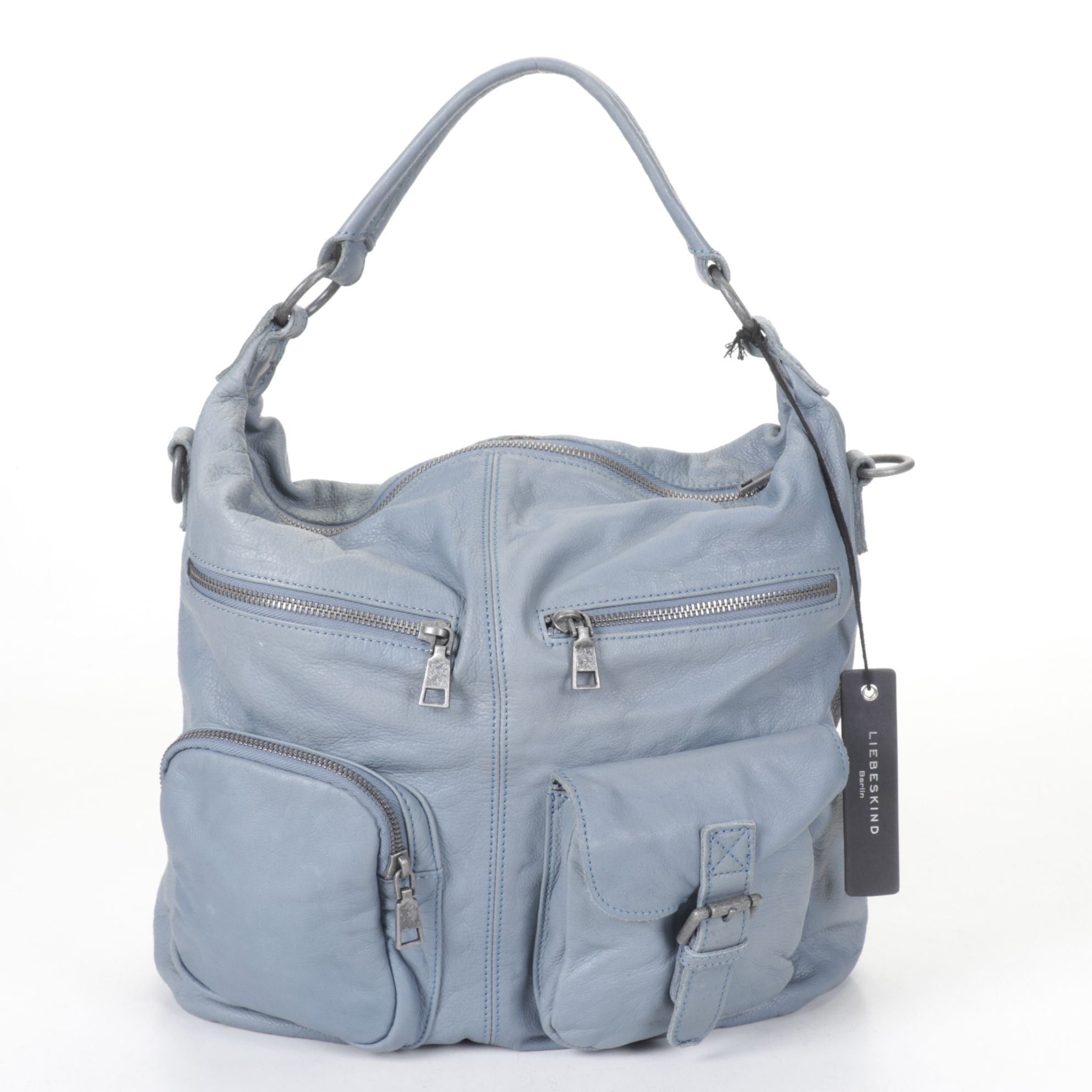 Liebeskind Berlin Leather Andrea Hobo Bag in Soft Blue with Crossbody Strap