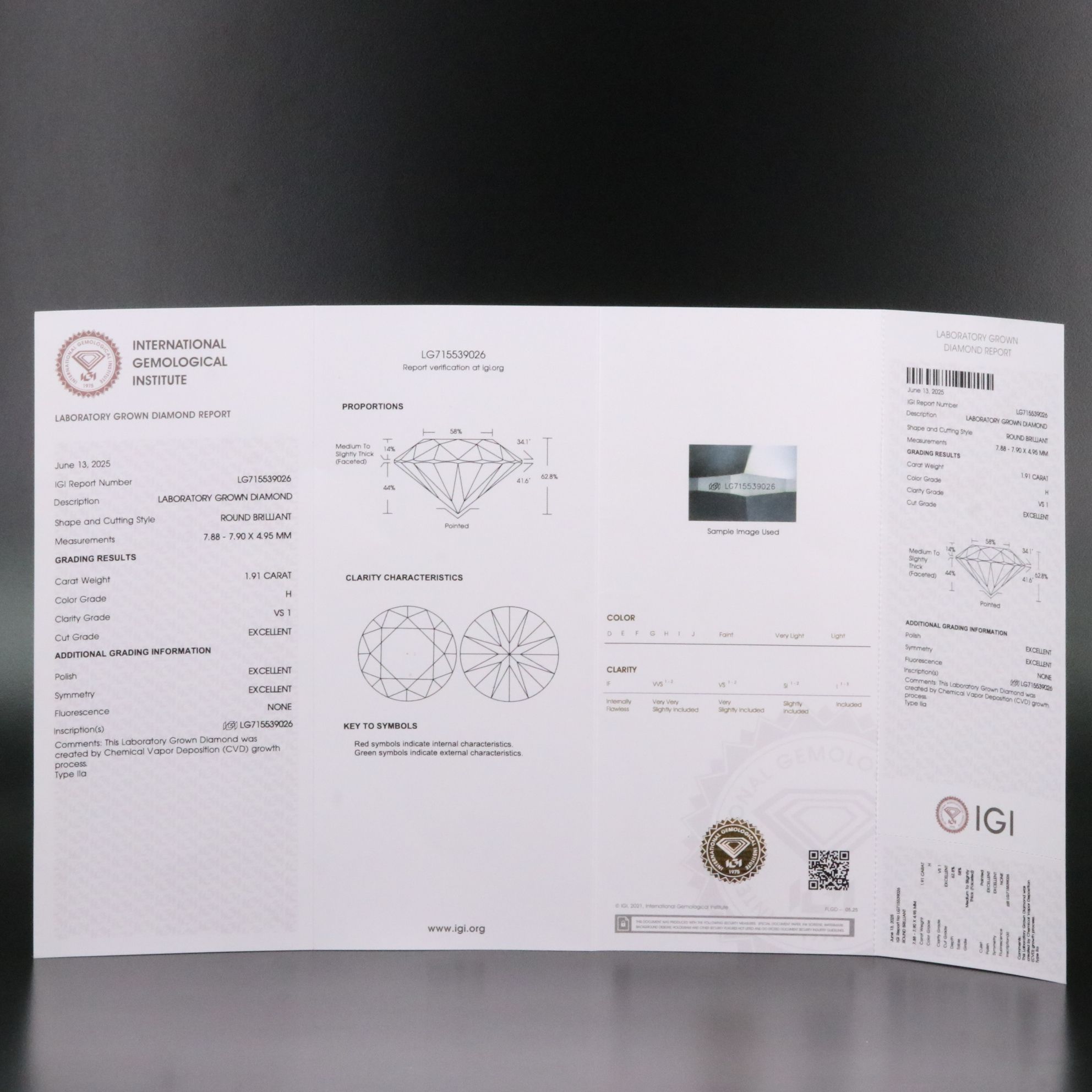 Loose 1.91 CT Lab Grown Diamond with IGI Report