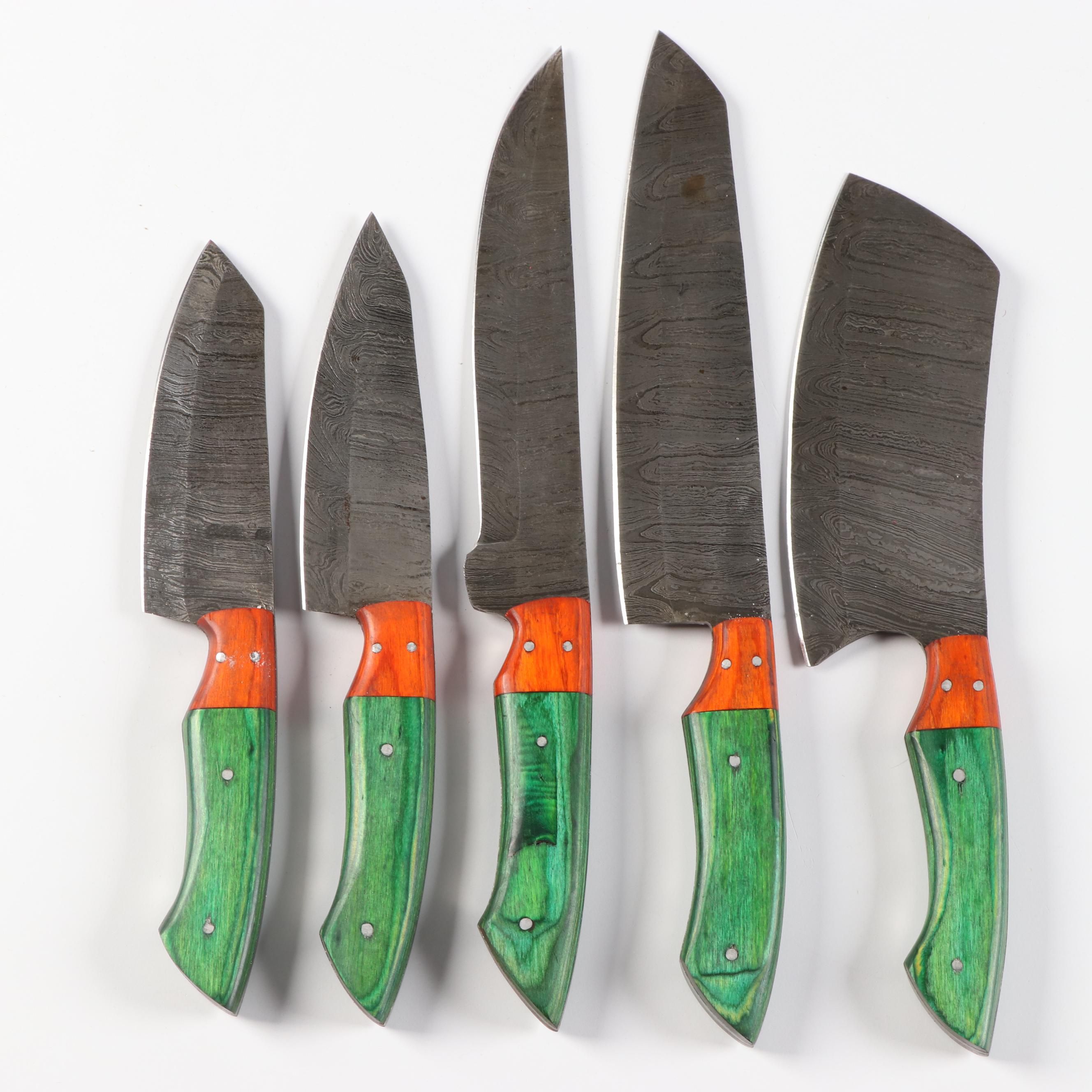 Forged Damascus Steel Kitchen Knives with Dyed Wood Handles