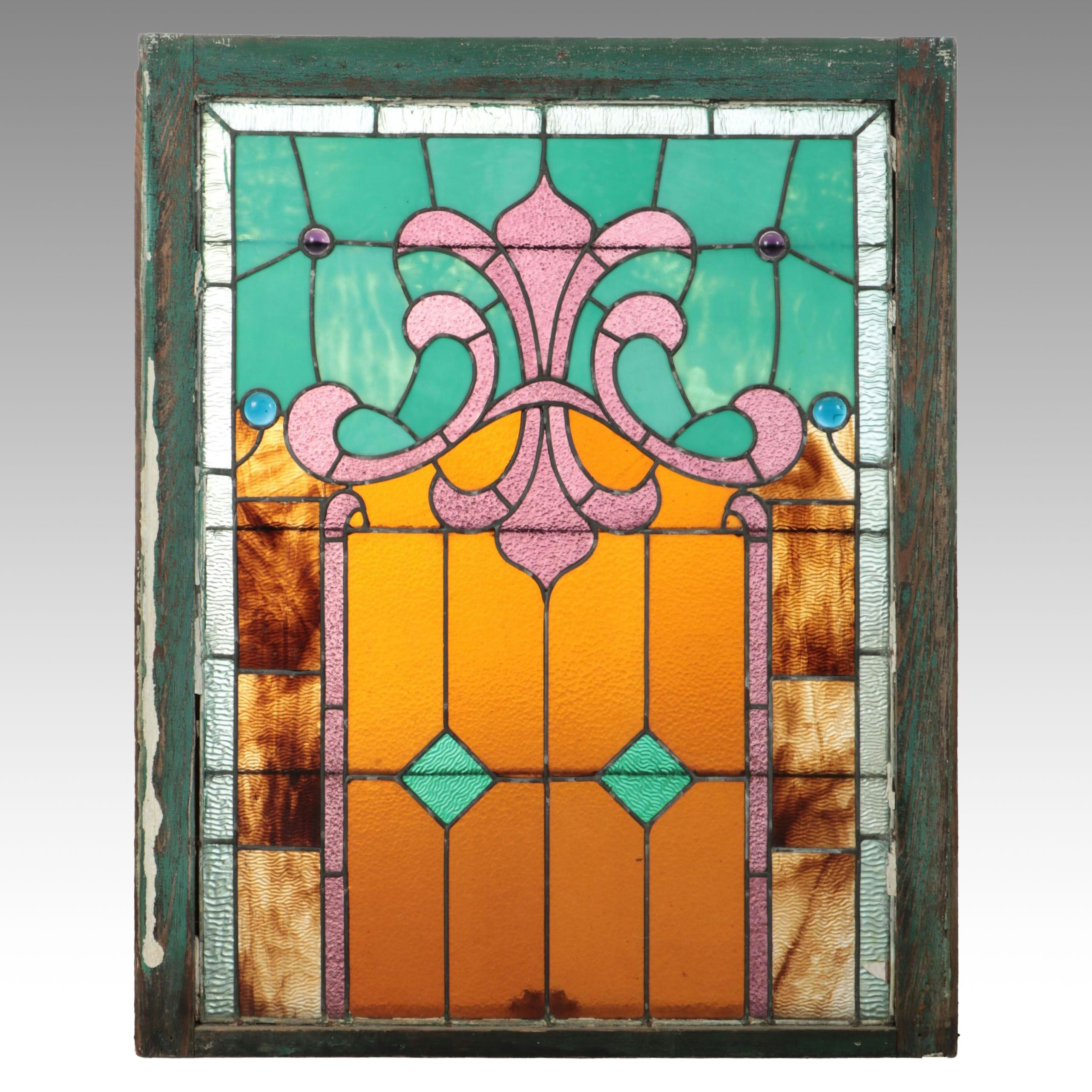 Art Nouveau Lead and Slag Glass Window Frame