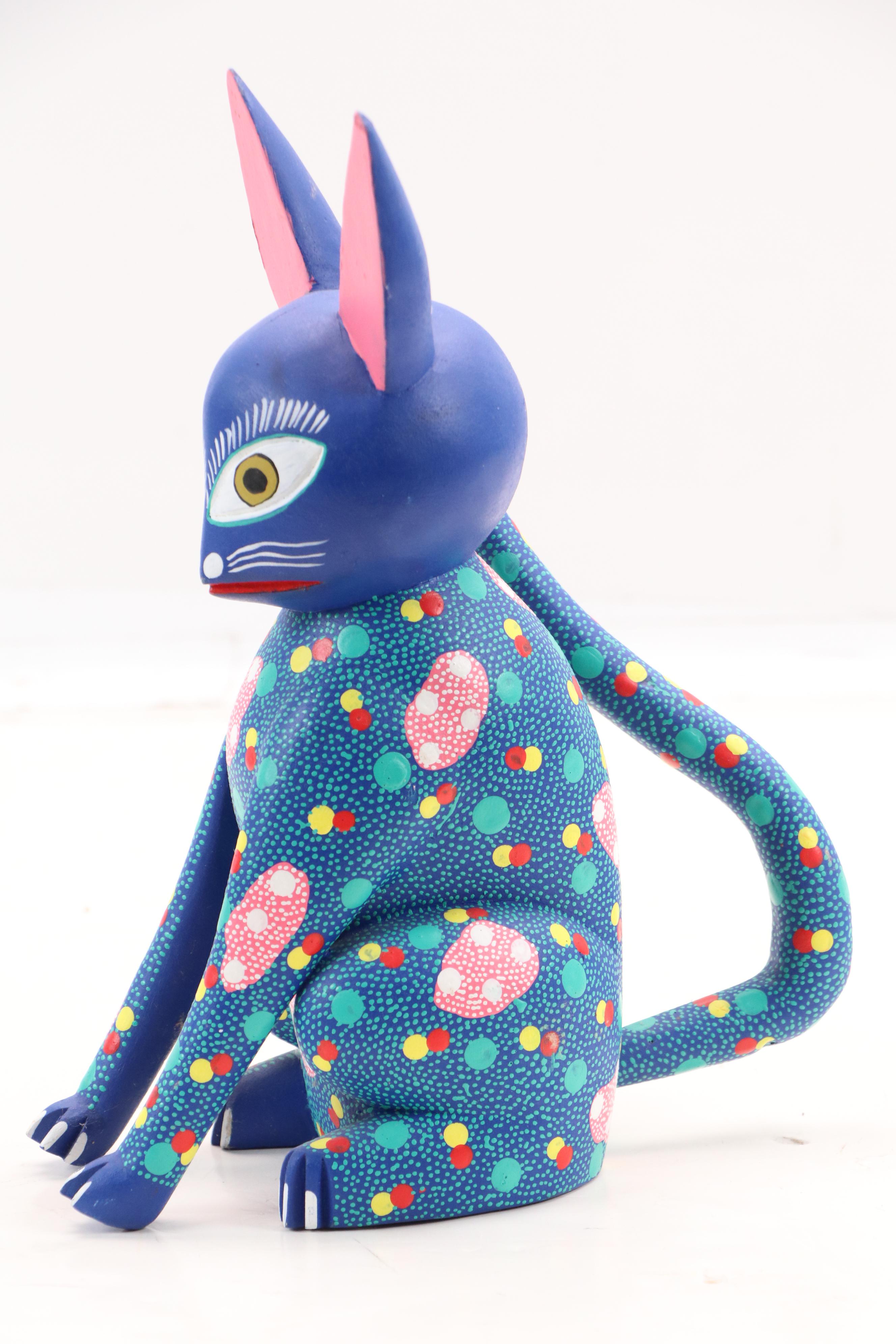 Francisco Hernandez Cruz Oaxacan Folk Art Hand-Painted Wood Cat Sculpture