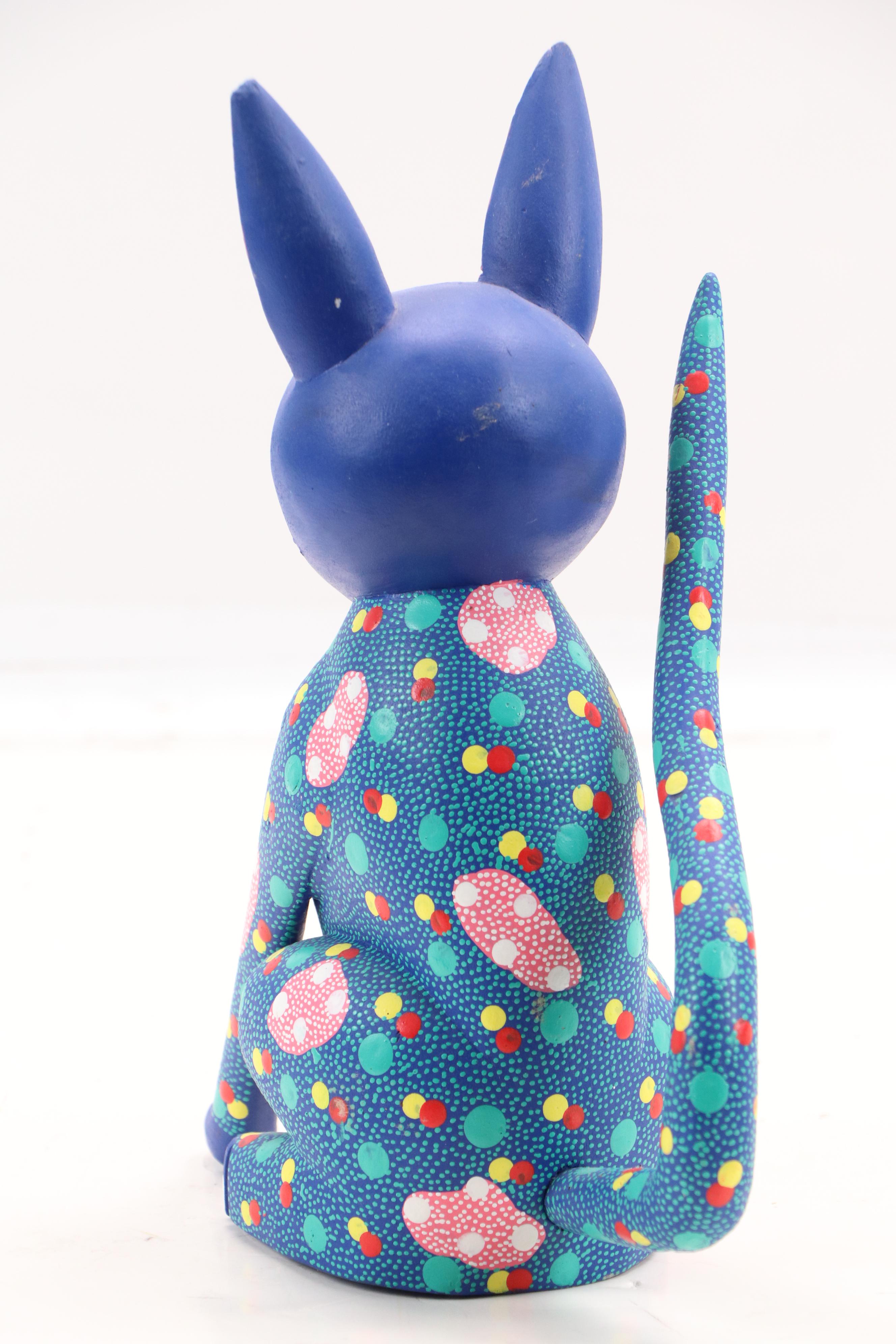 Francisco Hernandez Cruz Oaxacan Folk Art Hand-Painted Wood Cat Sculpture