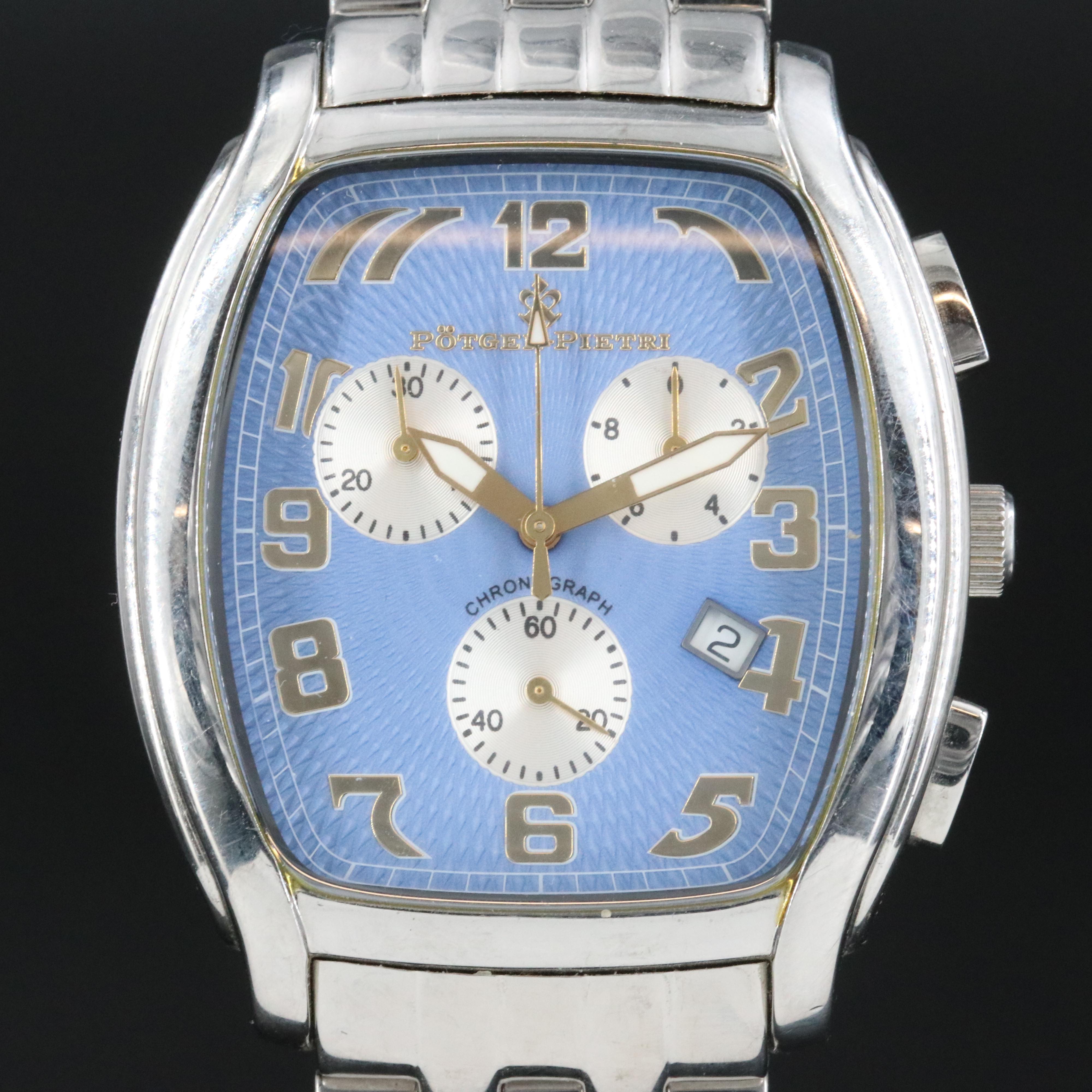 Potger-Pietri Stainless Steel Chronograph Watch with Blue Dial