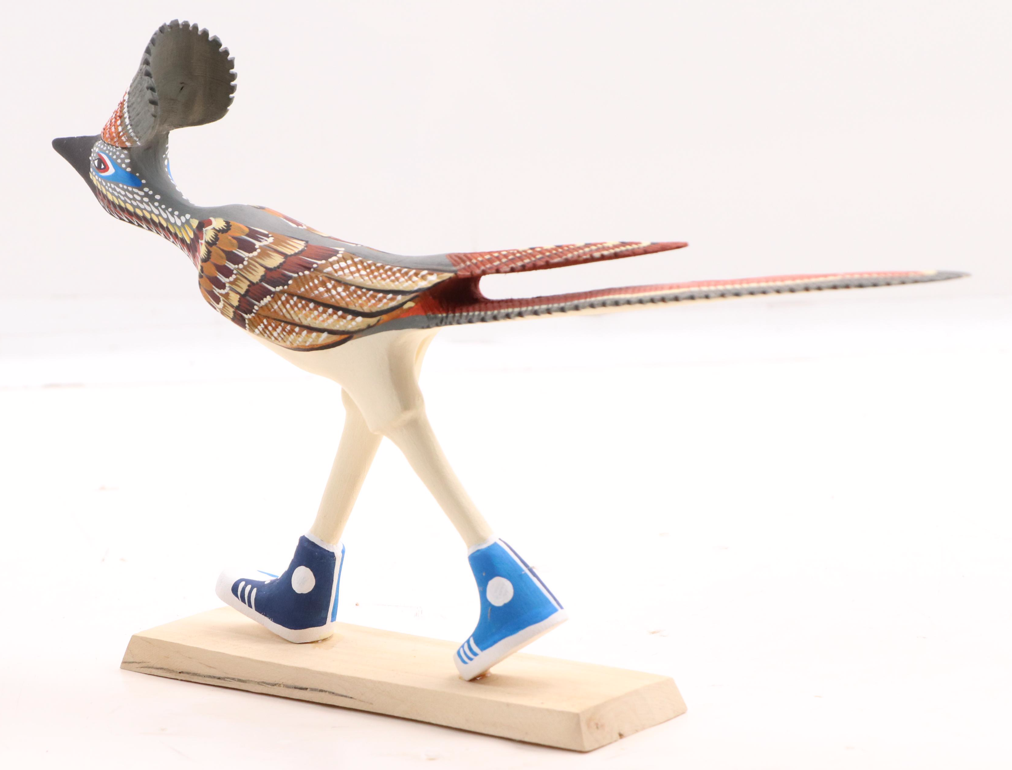 Matthew Yellowman Navajo Folk Art Hand-Painted Wood Roadrunner Sculpture