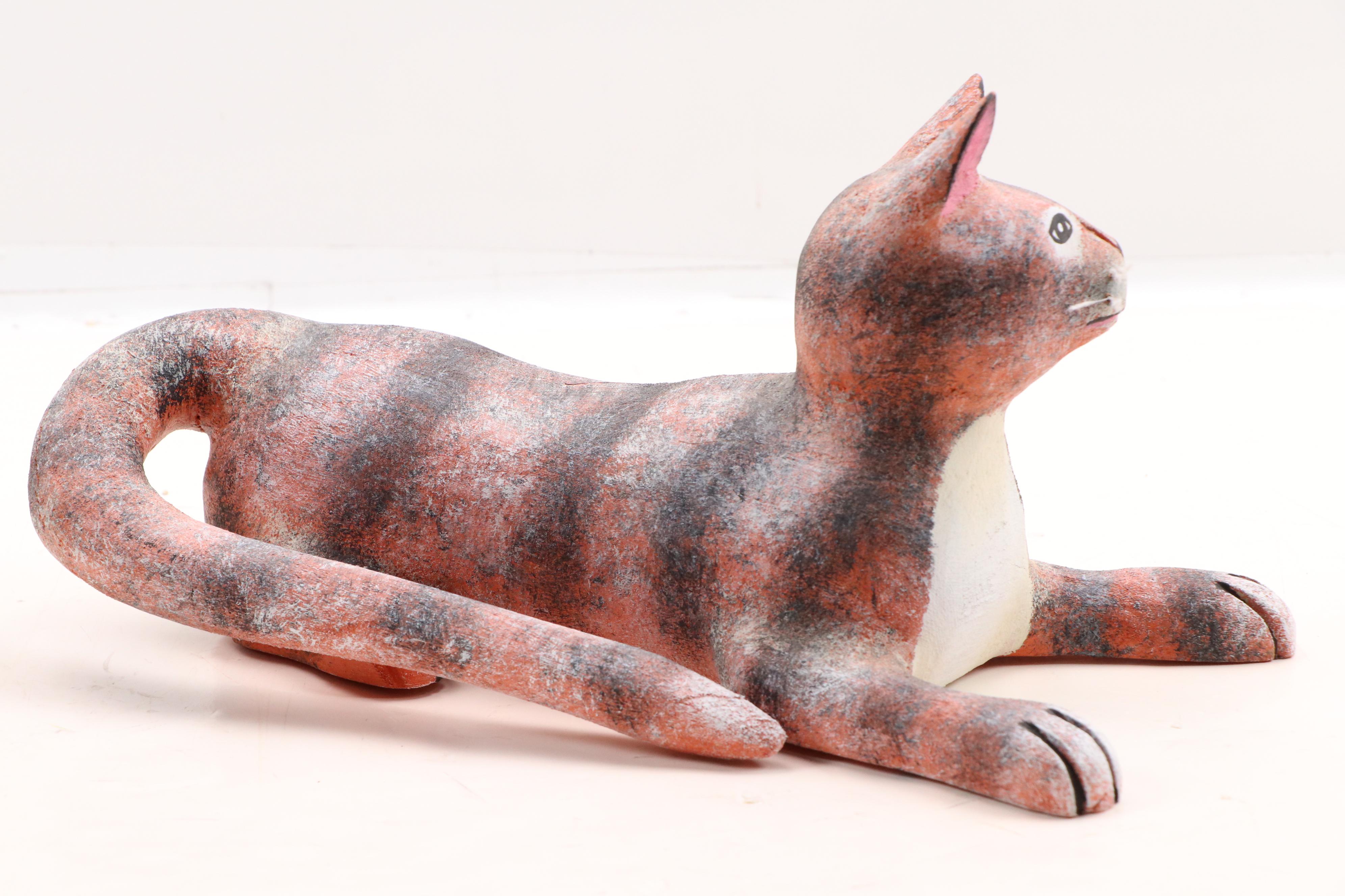 Hector Rascon Folk Art Carved Wooden Cat Sculpture, 1997