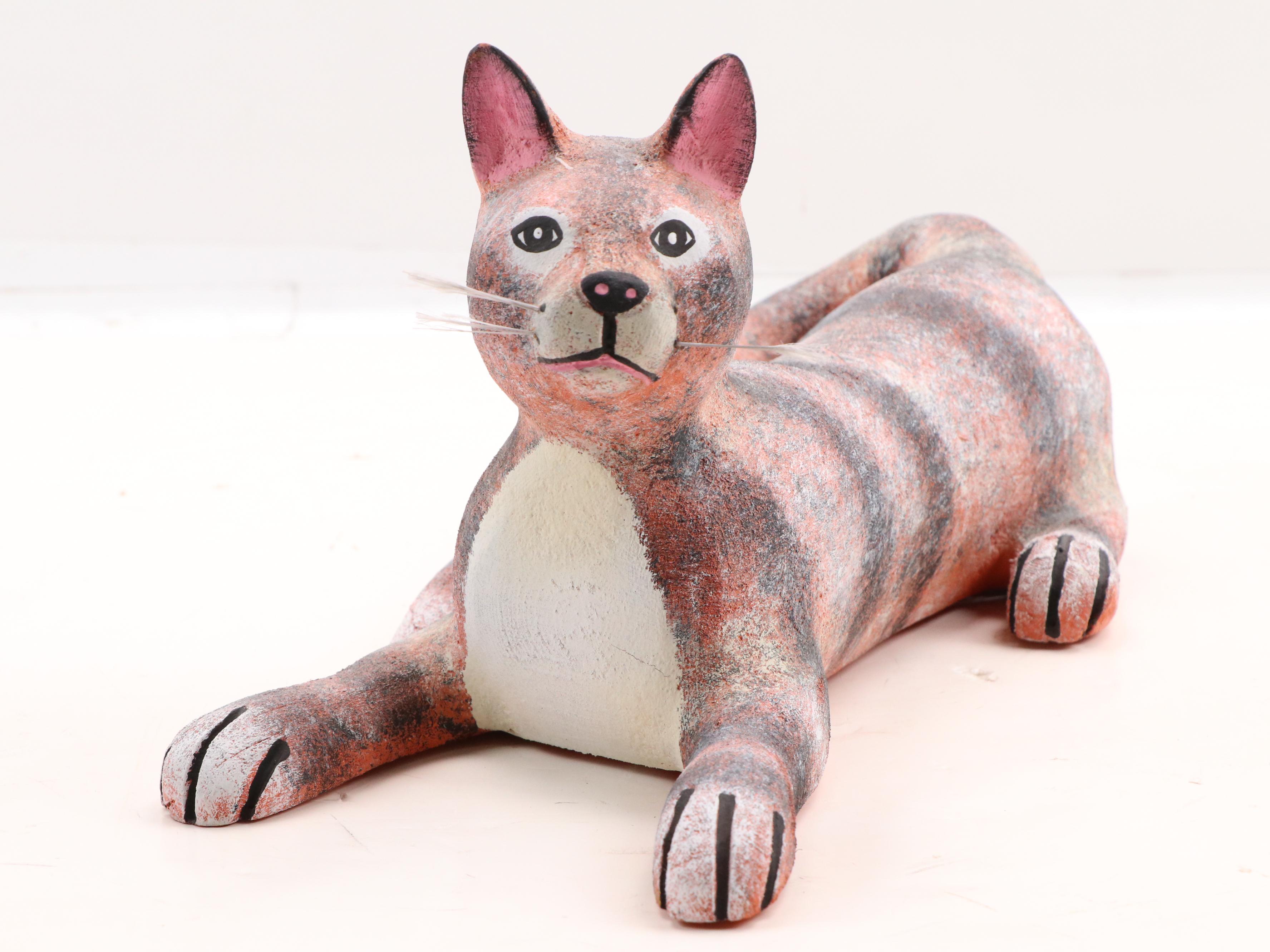 Hector Rascon Folk Art Carved Wooden Cat Sculpture, 1997