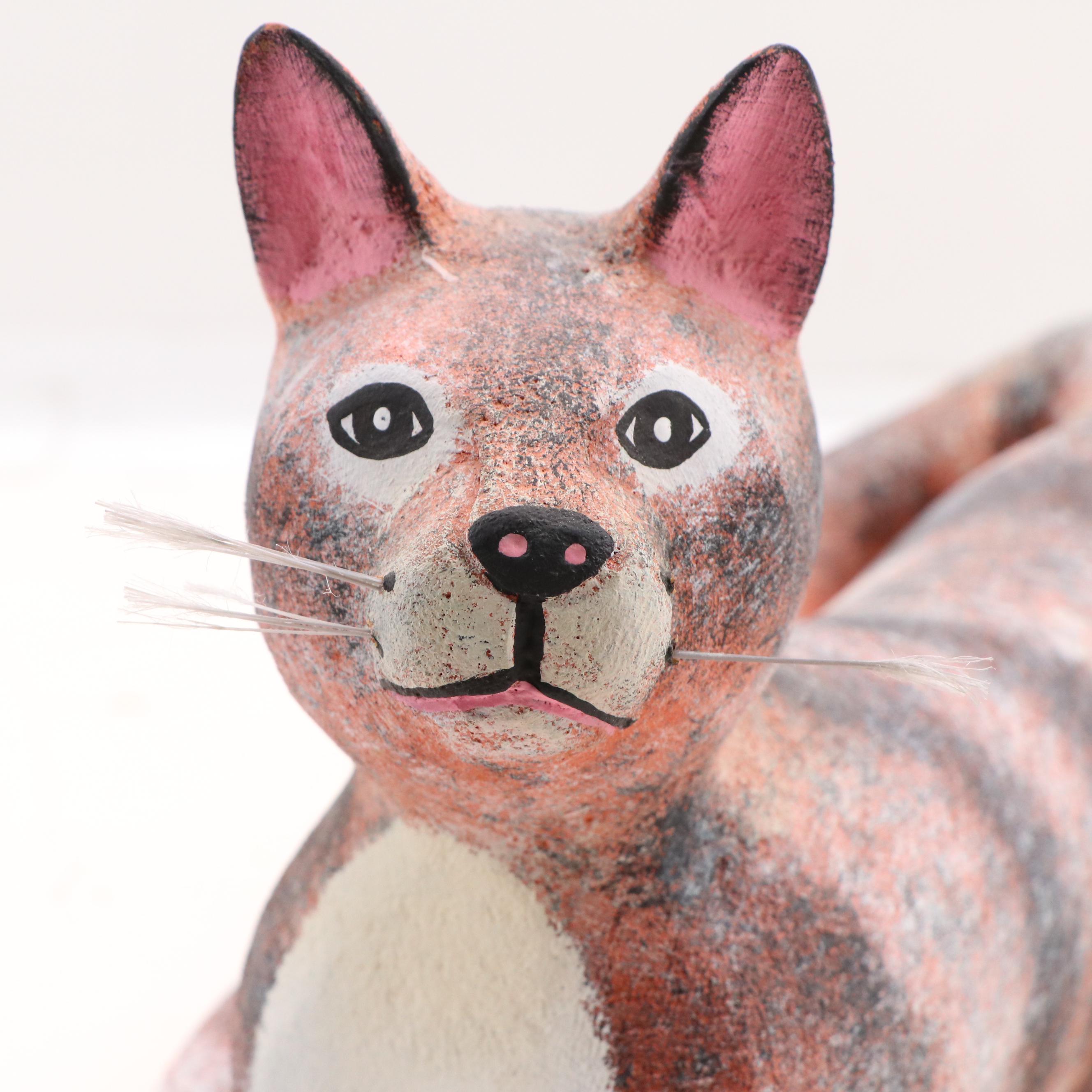 Hector Rascon Folk Art Carved Wooden Cat Sculpture, 1997