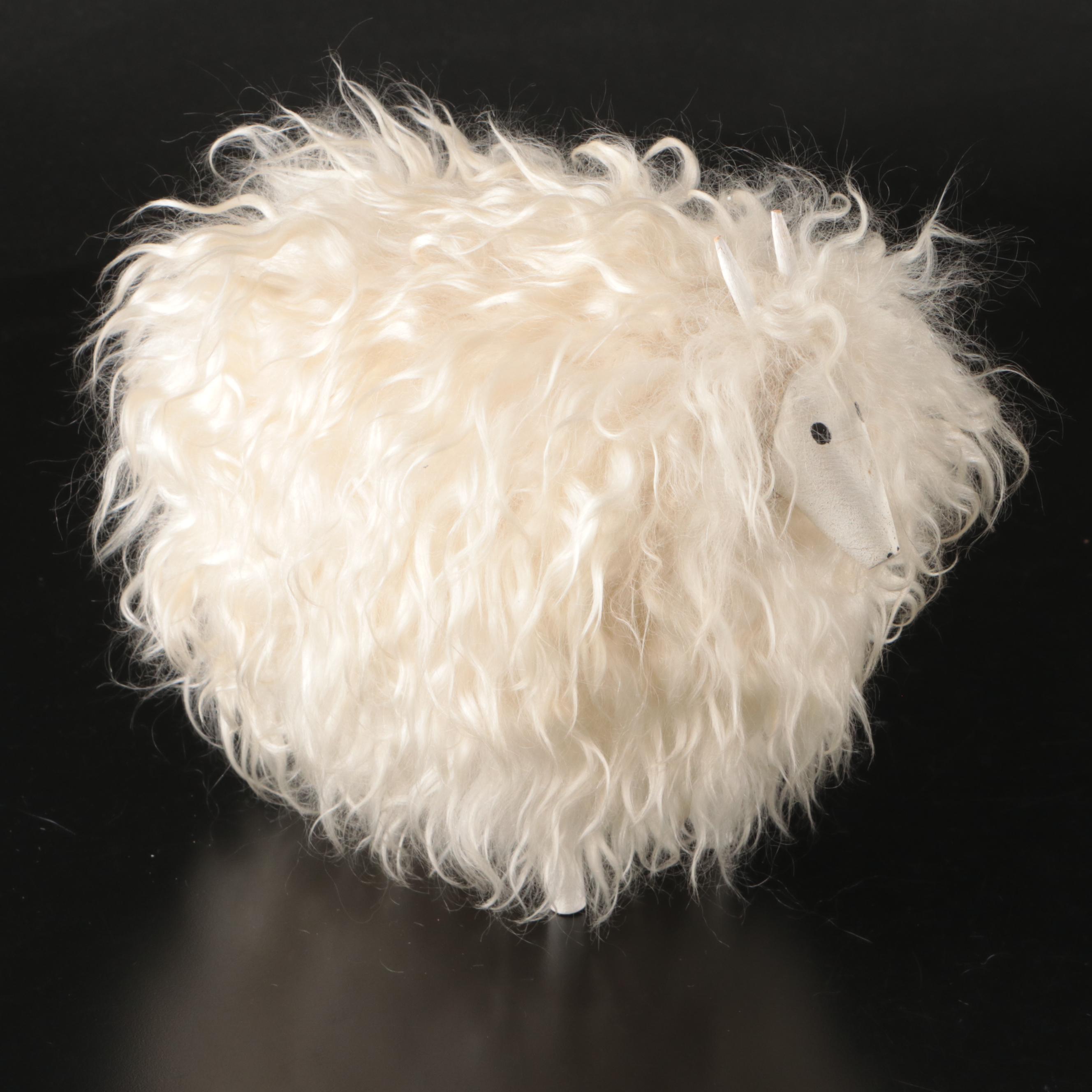 Pair of Folk Art Angora Wool Sheep or Goat Figurines