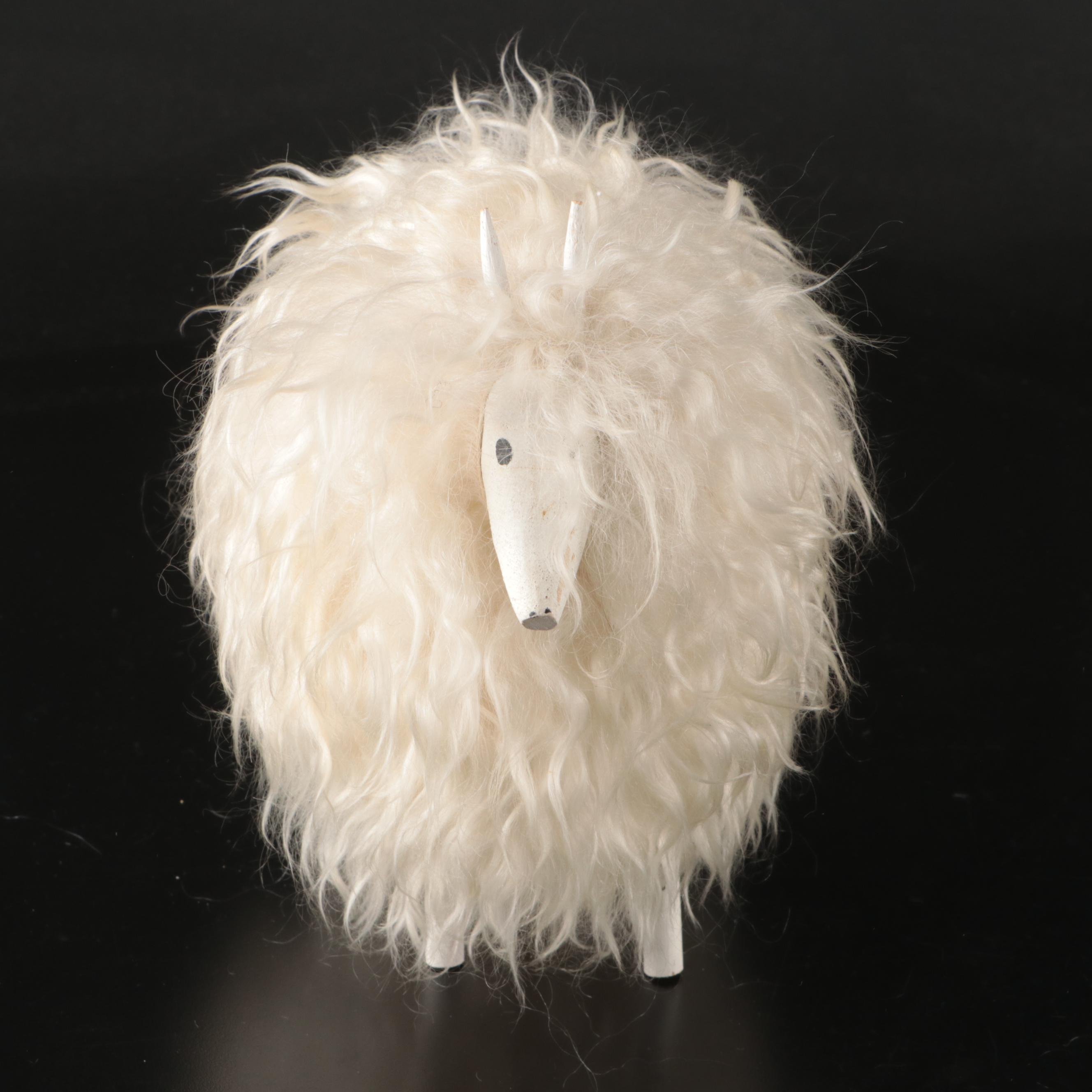 Pair of Folk Art Angora Wool Sheep or Goat Figurines