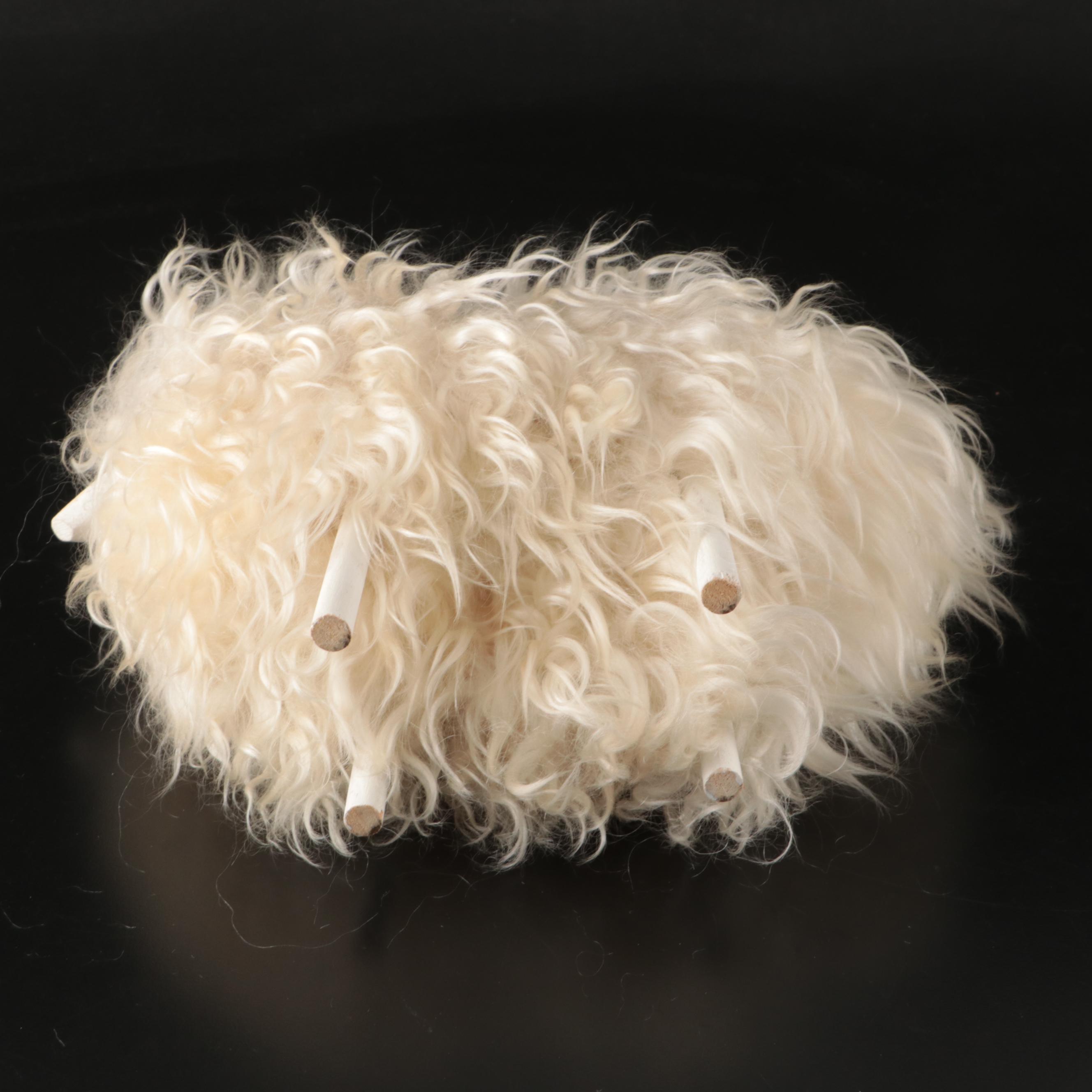 Pair of Folk Art Angora Wool Sheep or Goat Figurines