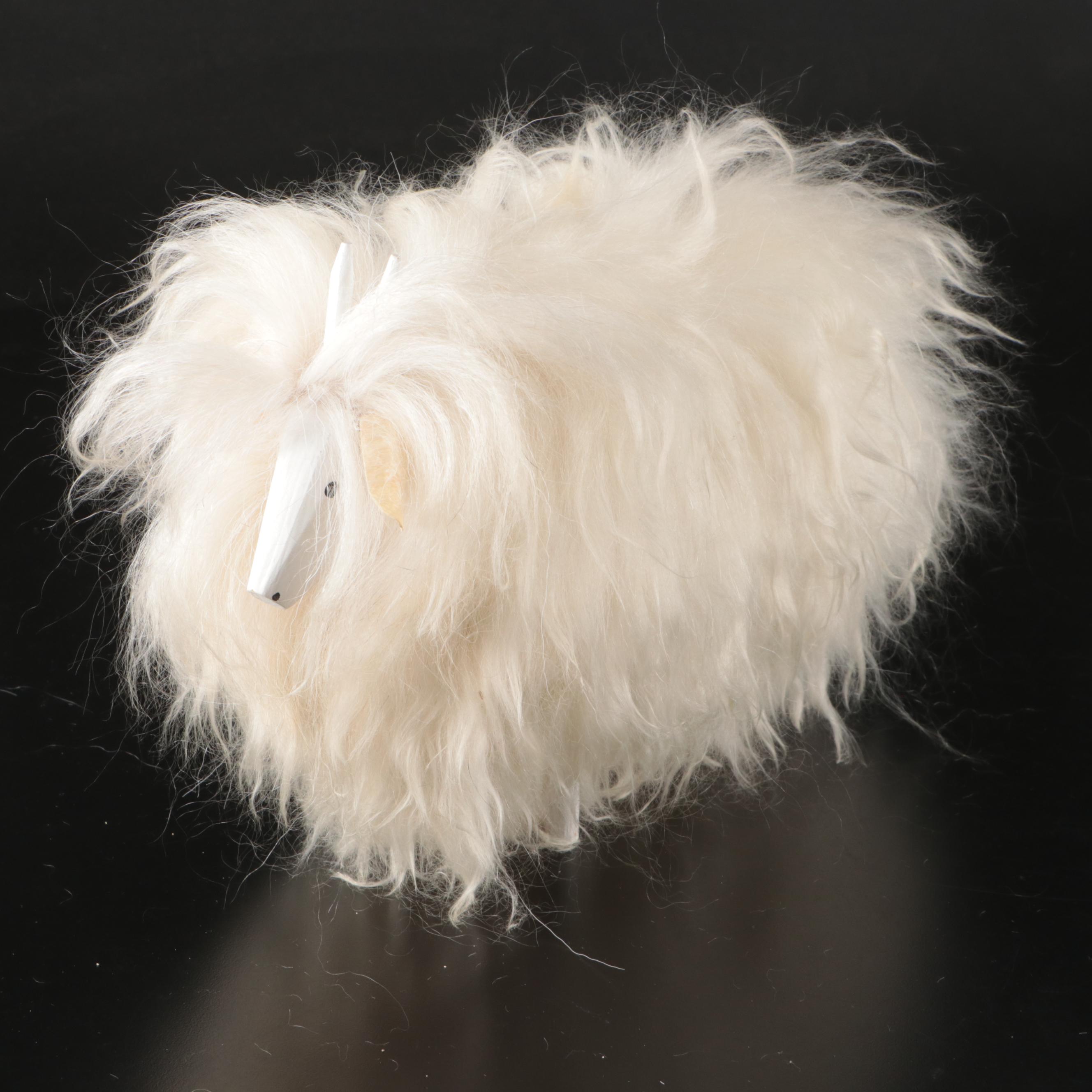 Pair of Folk Art Angora Wool Sheep or Goat Figurines