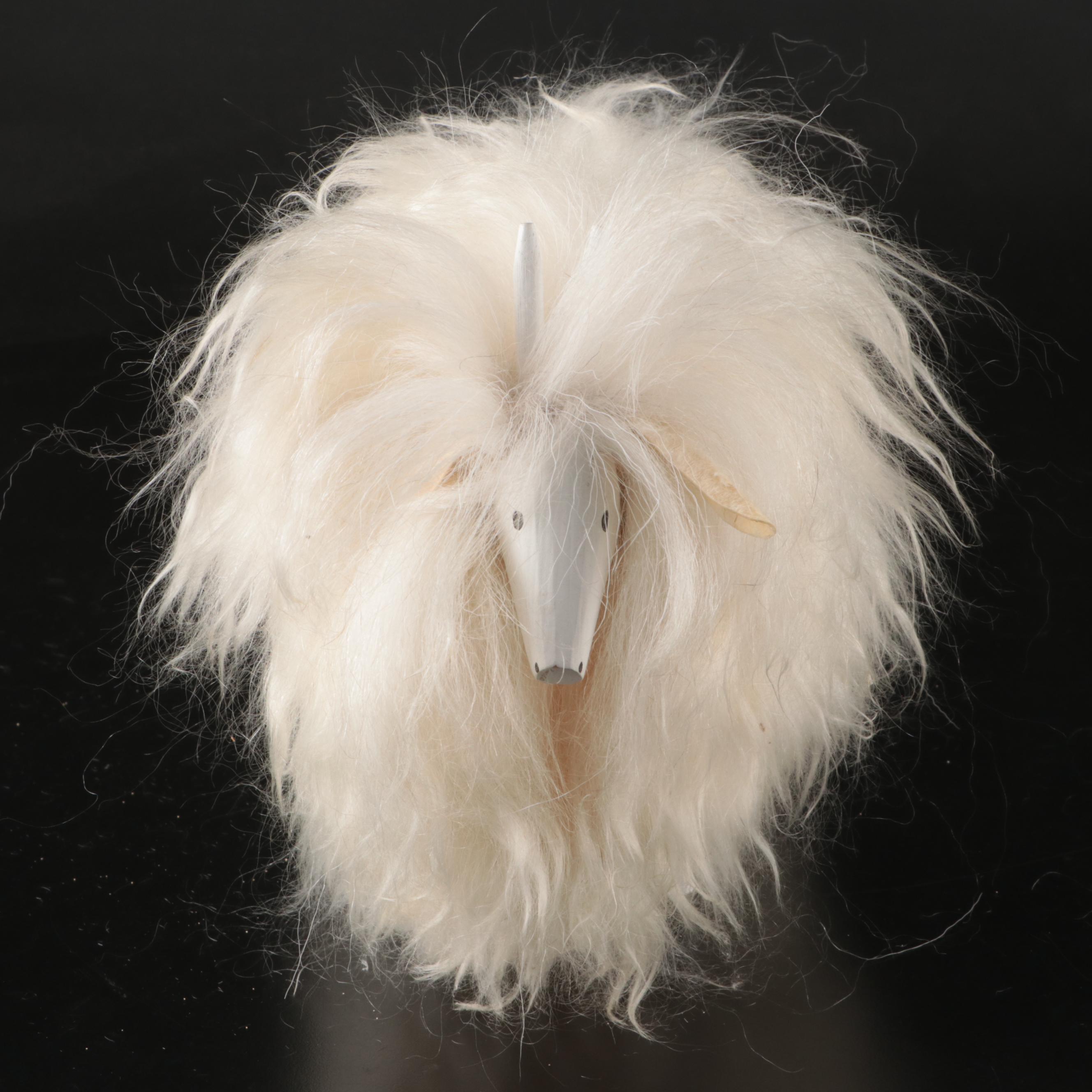 Pair of Folk Art Angora Wool Sheep or Goat Figurines