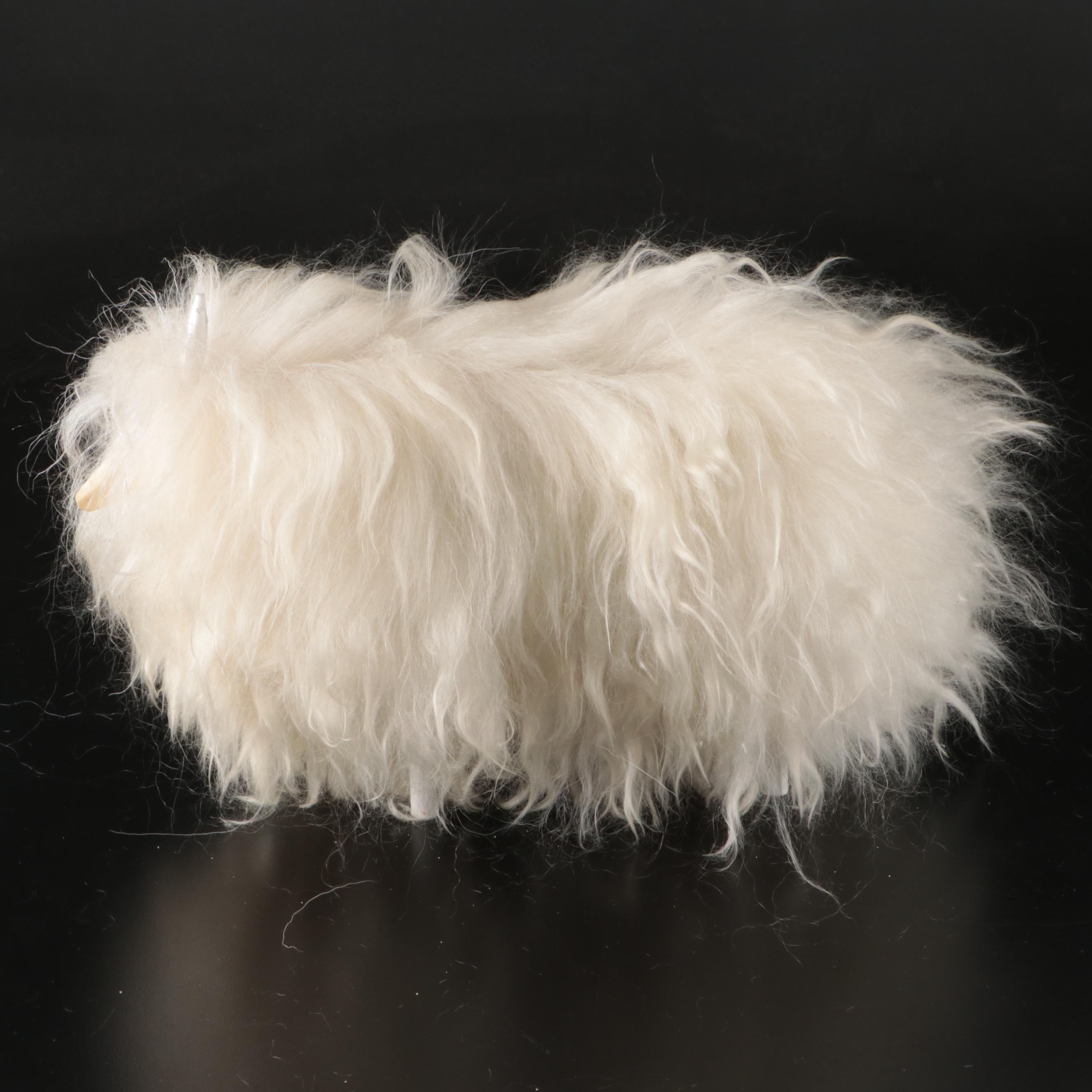 Pair of Folk Art Angora Wool Sheep or Goat Figurines