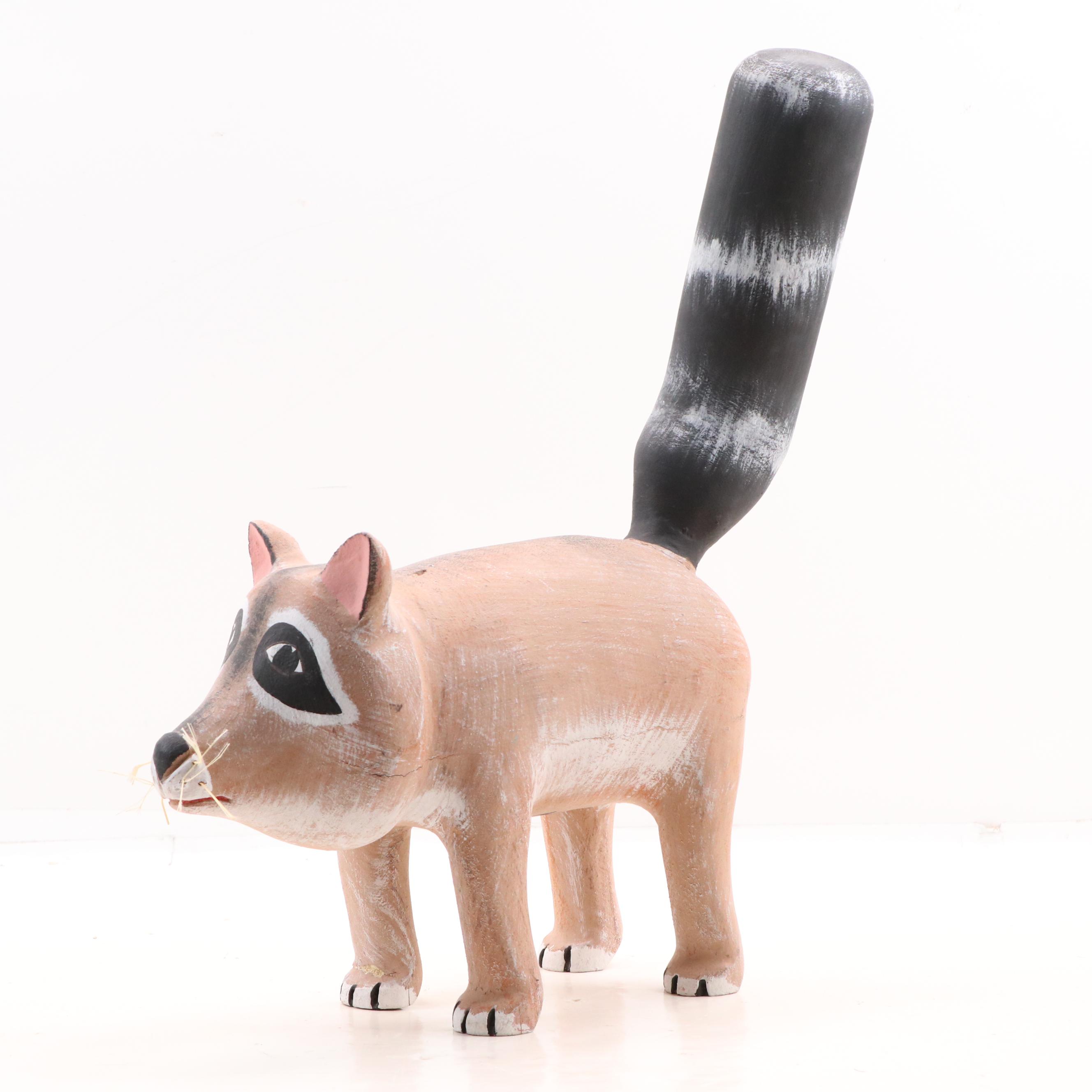 Hector Rascon Folk Art Carved Wooden Raccoon Sculpture, 1992