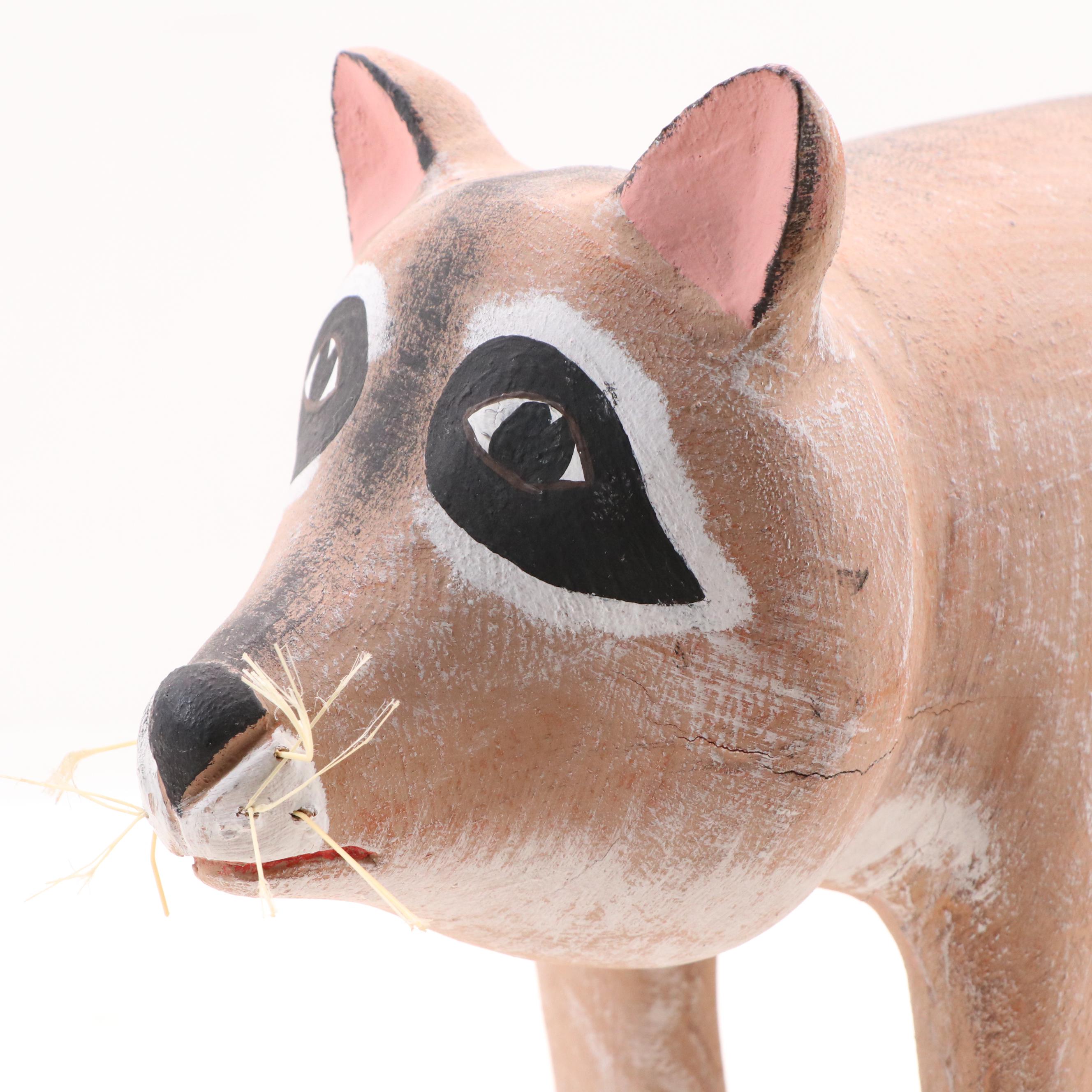 Hector Rascon Folk Art Carved Wooden Raccoon Sculpture, 1992