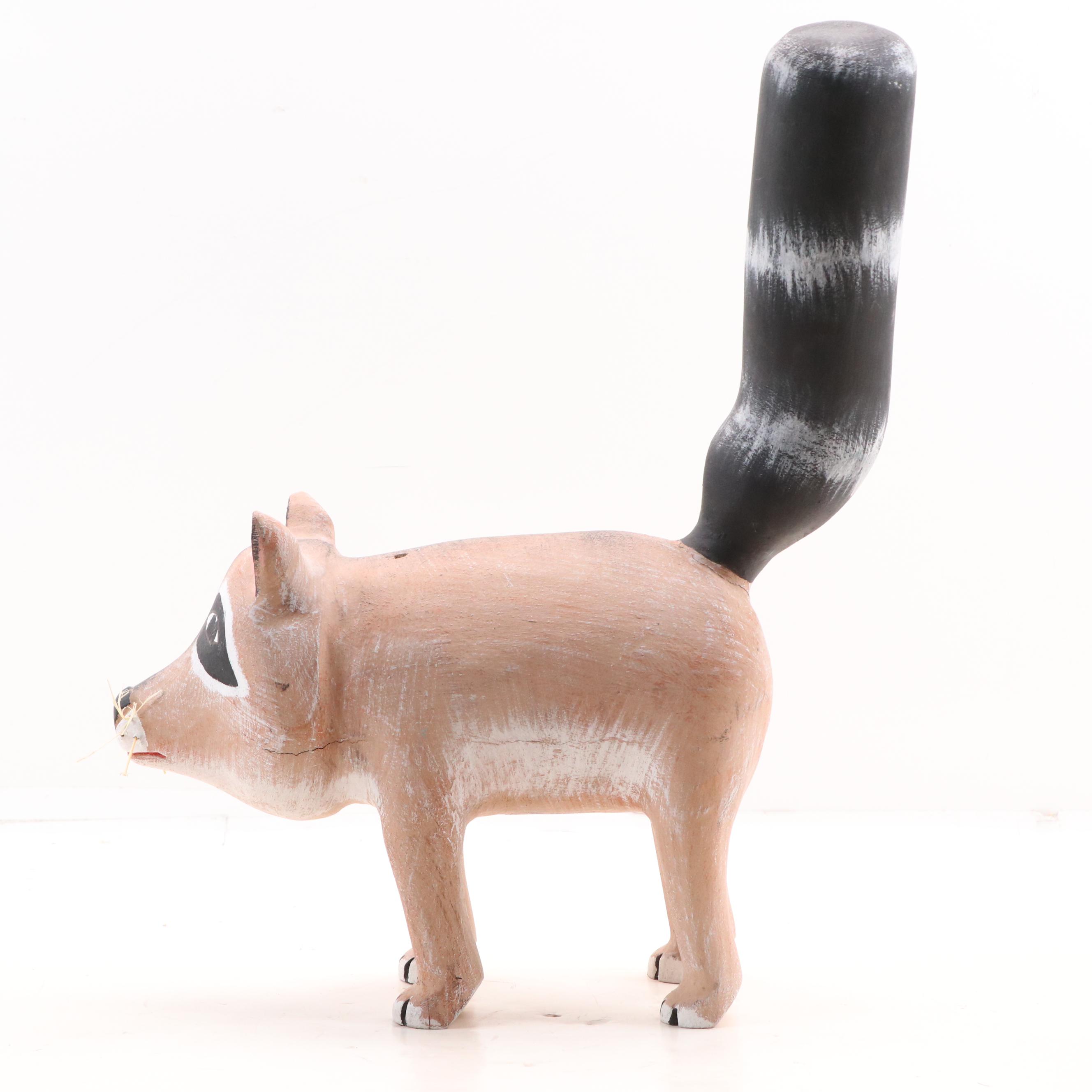 Hector Rascon Folk Art Carved Wooden Raccoon Sculpture, 1992