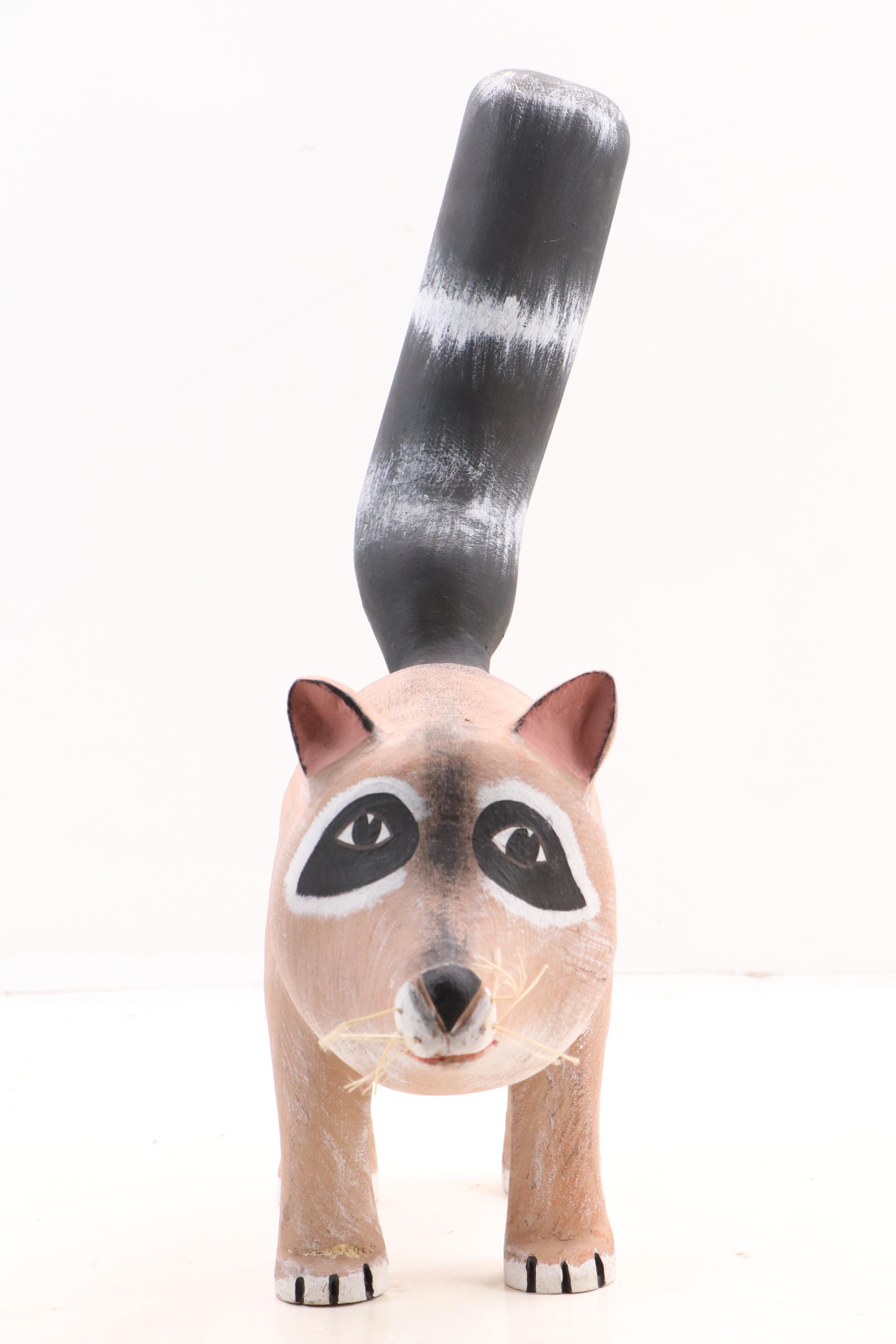 Hector Rascon Folk Art Carved Wooden Raccoon Sculpture, 1992
