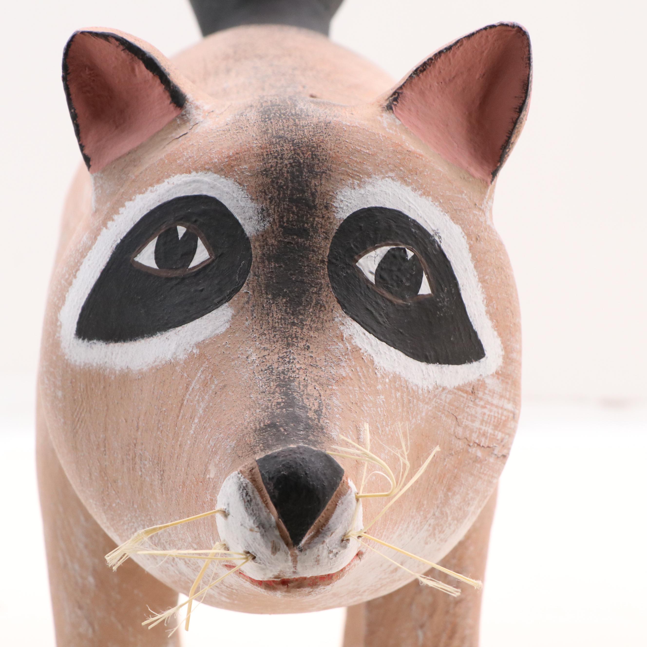 Hector Rascon Folk Art Carved Wooden Raccoon Sculpture, 1992