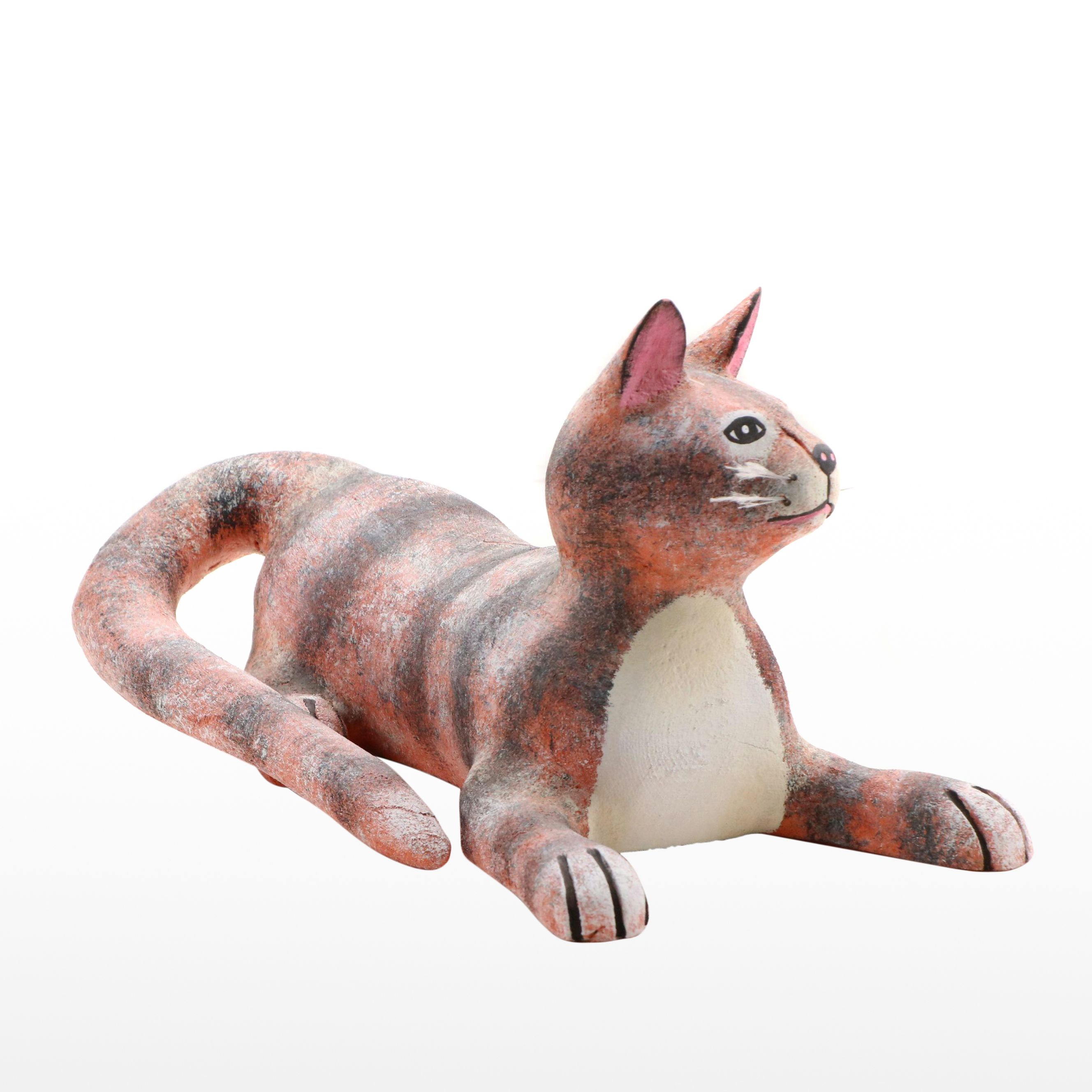 Hector Rascon Folk Art Carved Wooden Cat Sculpture, 1997