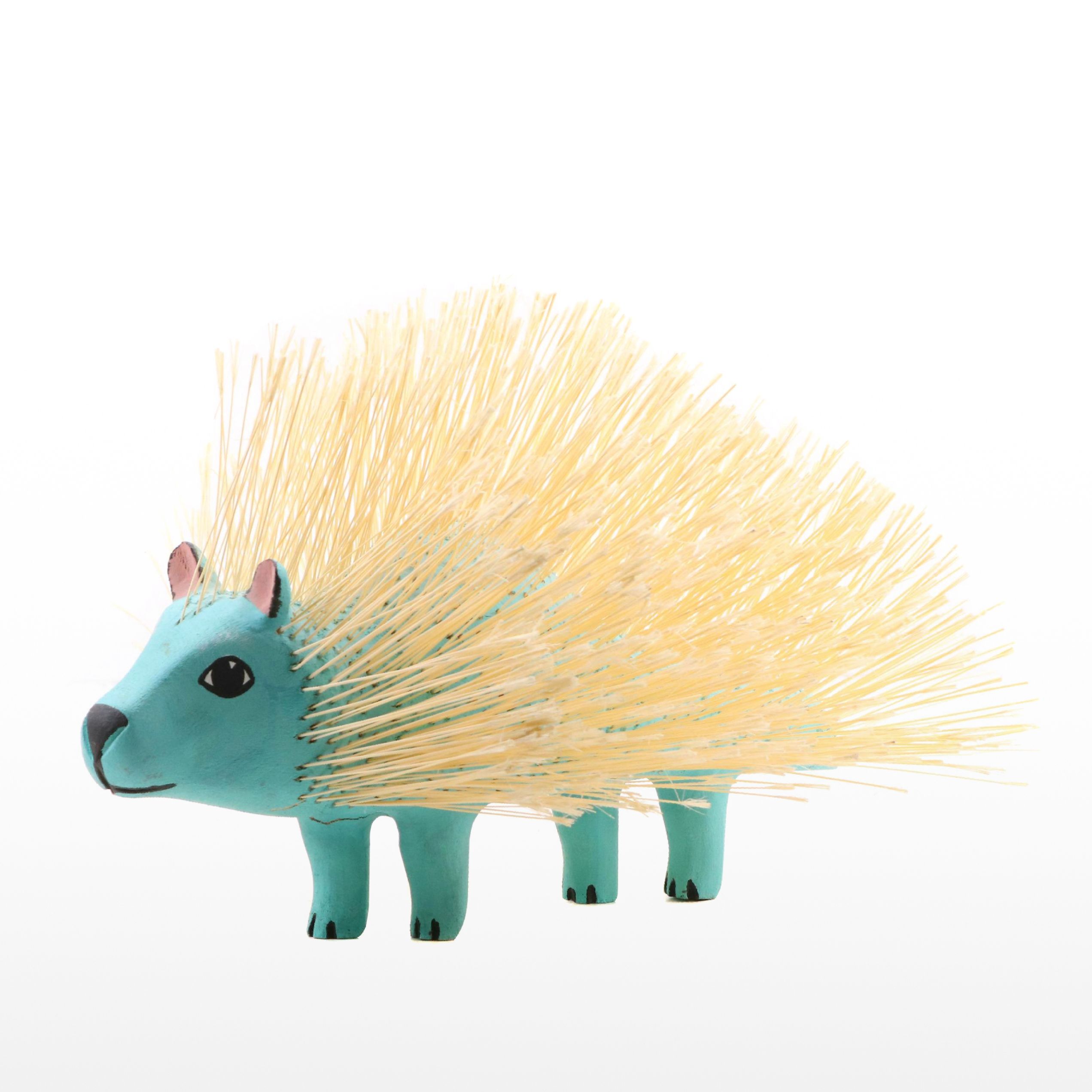 Hector Rascon Folk Art Carved Wooden Porcupine with Straw, 1991