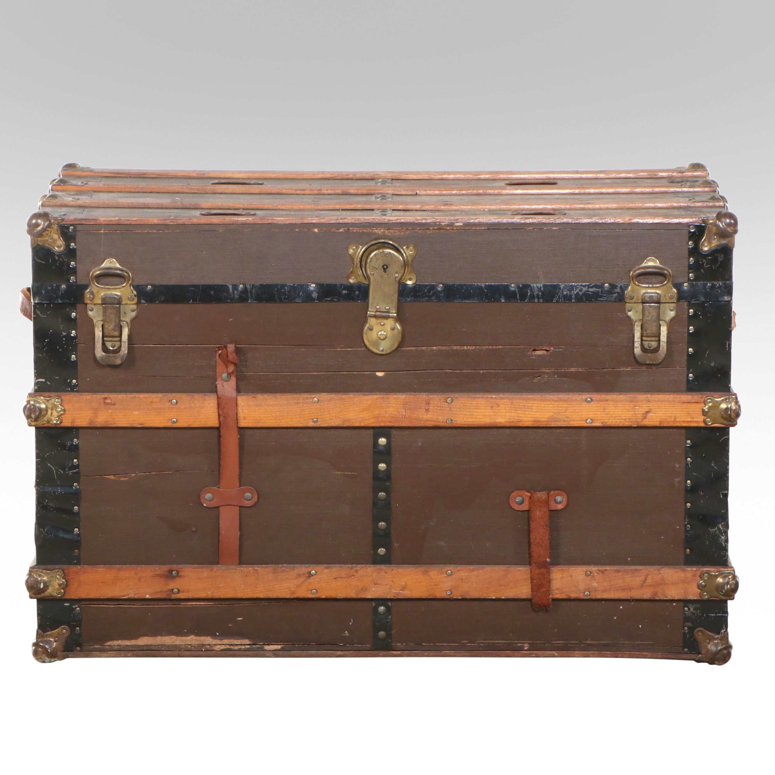 Victorian Style Wood and Metal Bound Flat Top Trunk, Late 19th/ Early 20th C.