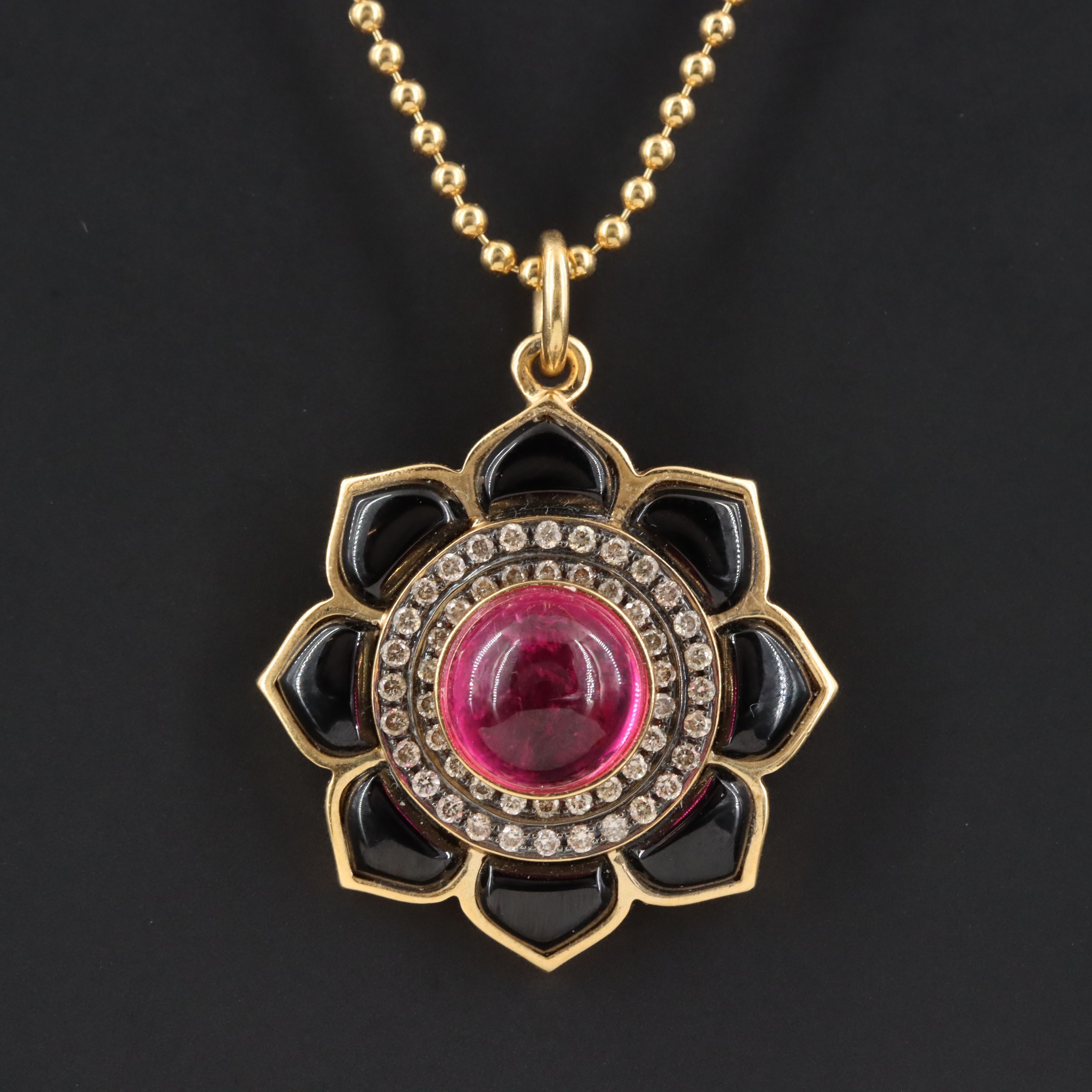 18K Pink Tourmaline Black Onyx and Diamond Flower Pendant Necklace