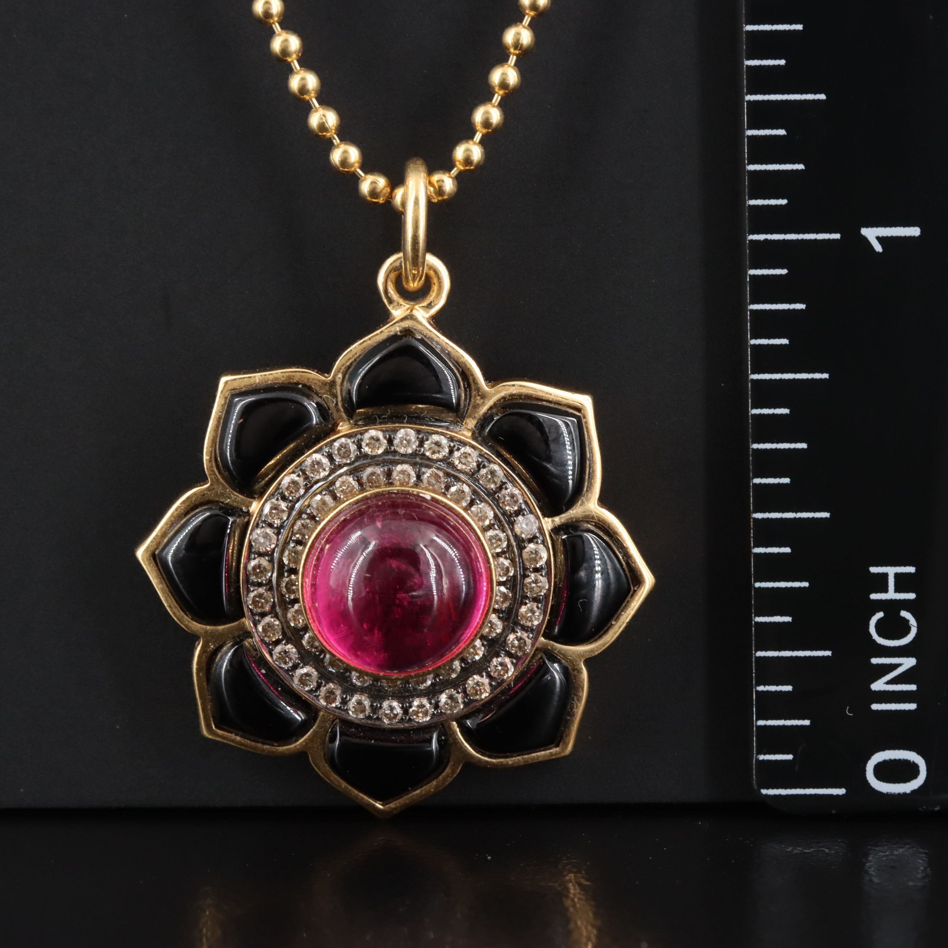 18K Pink Tourmaline Black Onyx and Diamond Flower Pendant Necklace
