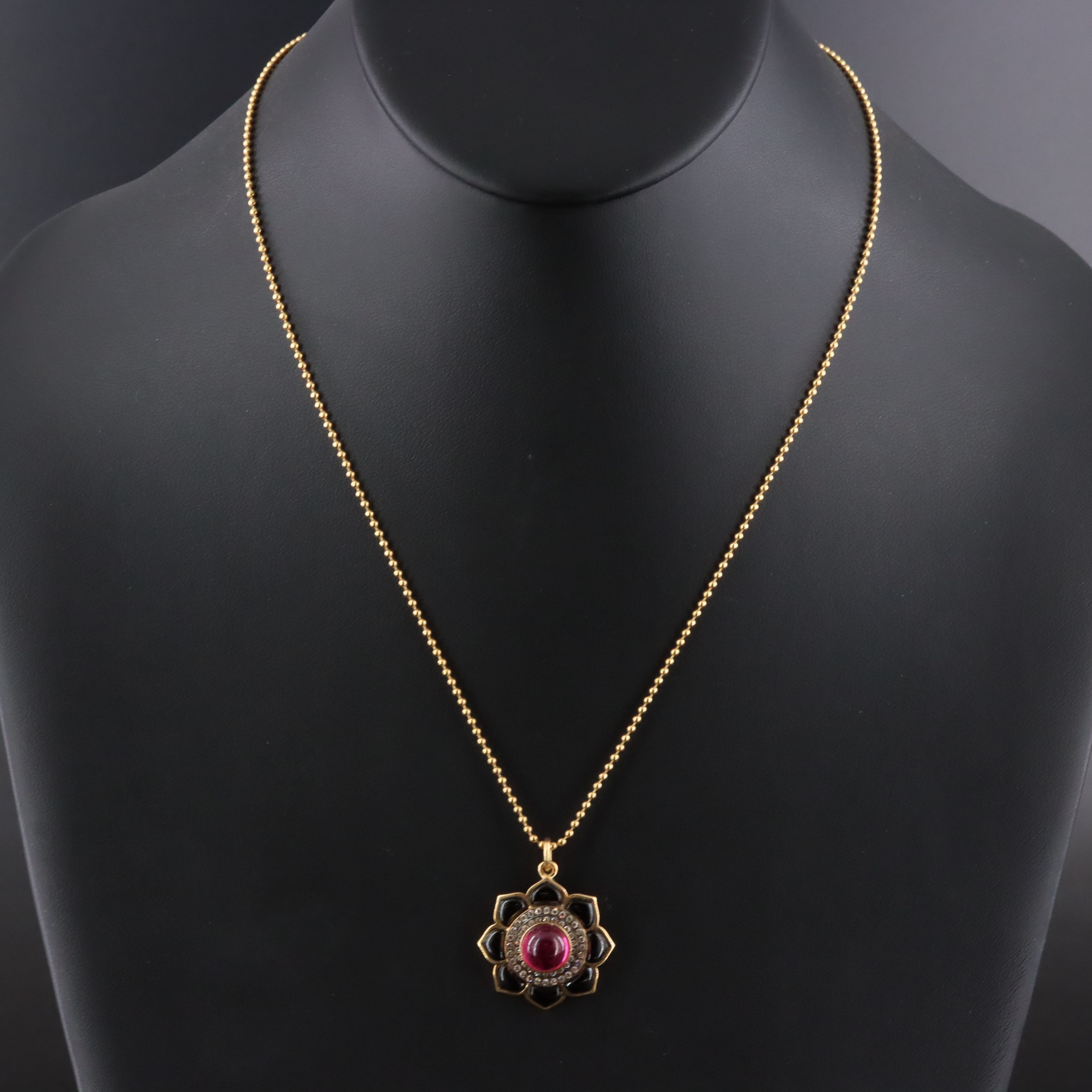 18K Pink Tourmaline Black Onyx and Diamond Flower Pendant Necklace