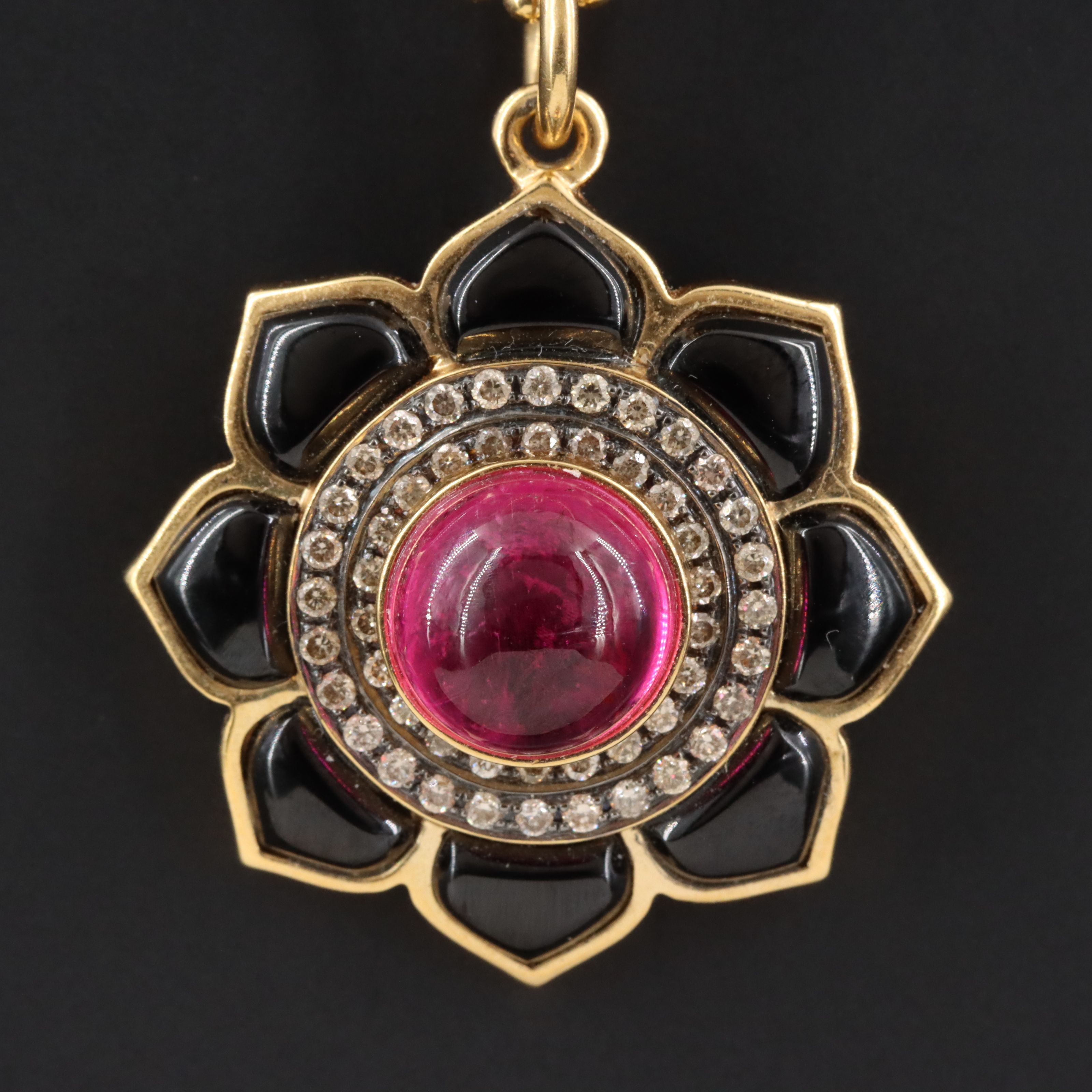 18K Pink Tourmaline Black Onyx and Diamond Flower Pendant Necklace