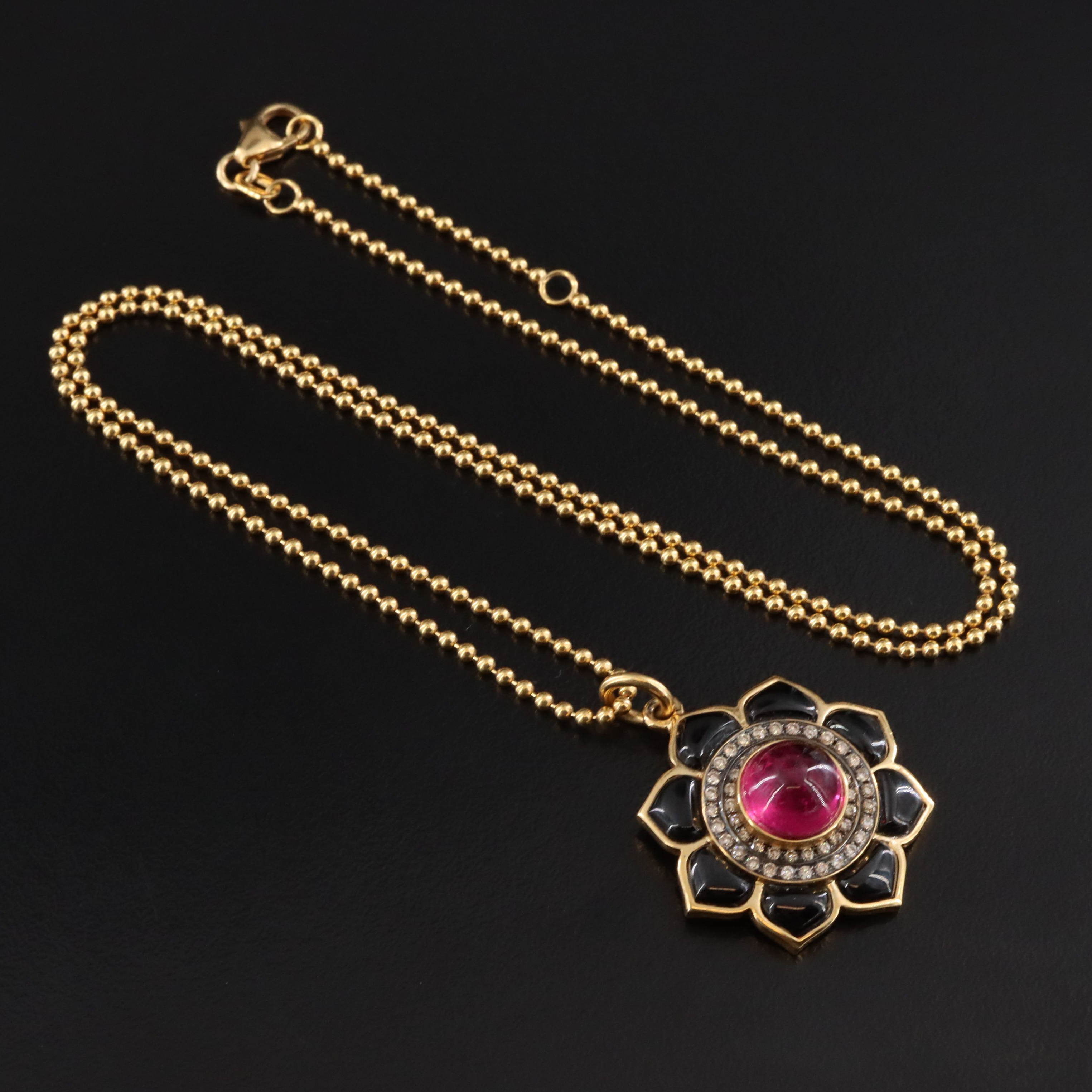 18K Pink Tourmaline Black Onyx and Diamond Flower Pendant Necklace