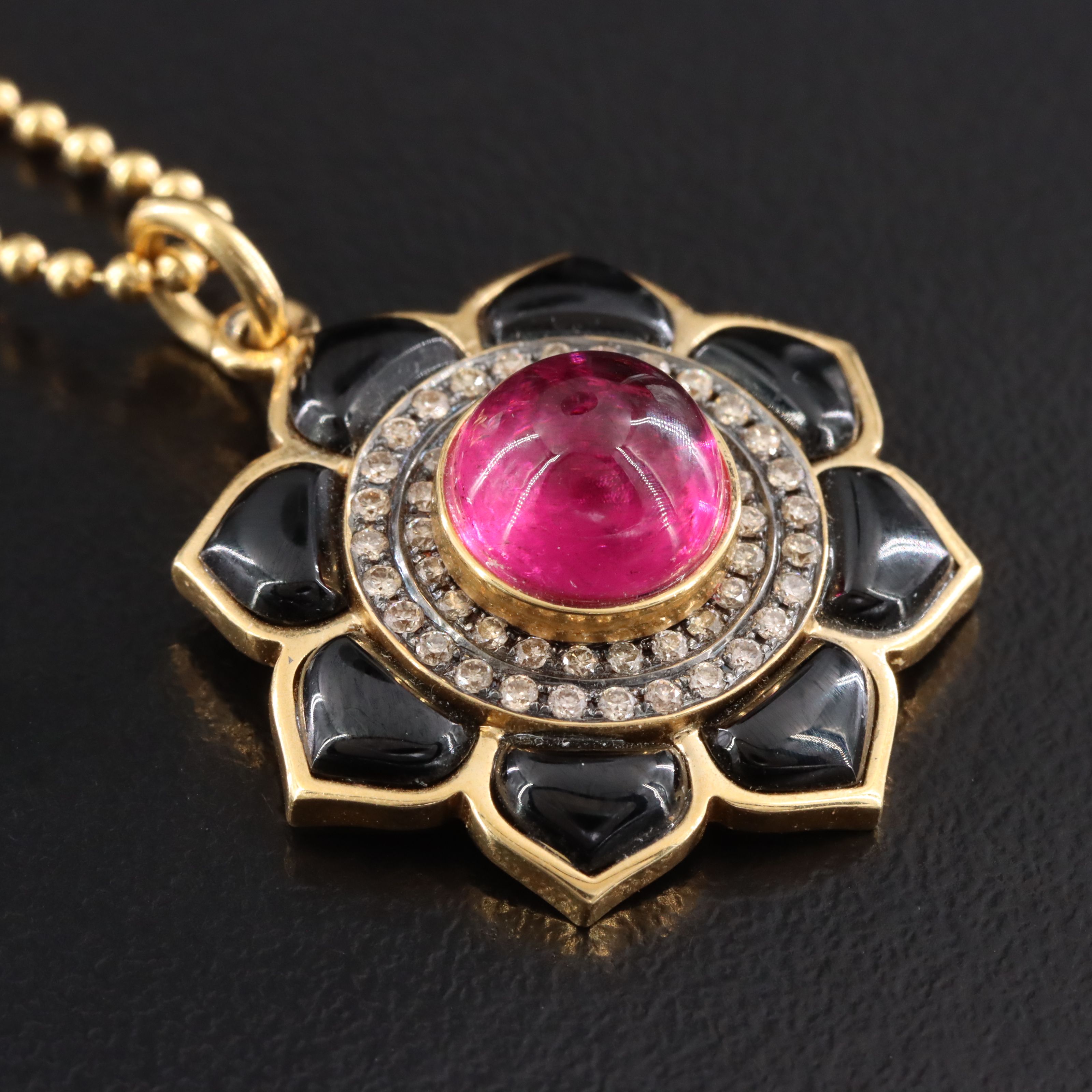 18K Pink Tourmaline Black Onyx and Diamond Flower Pendant Necklace