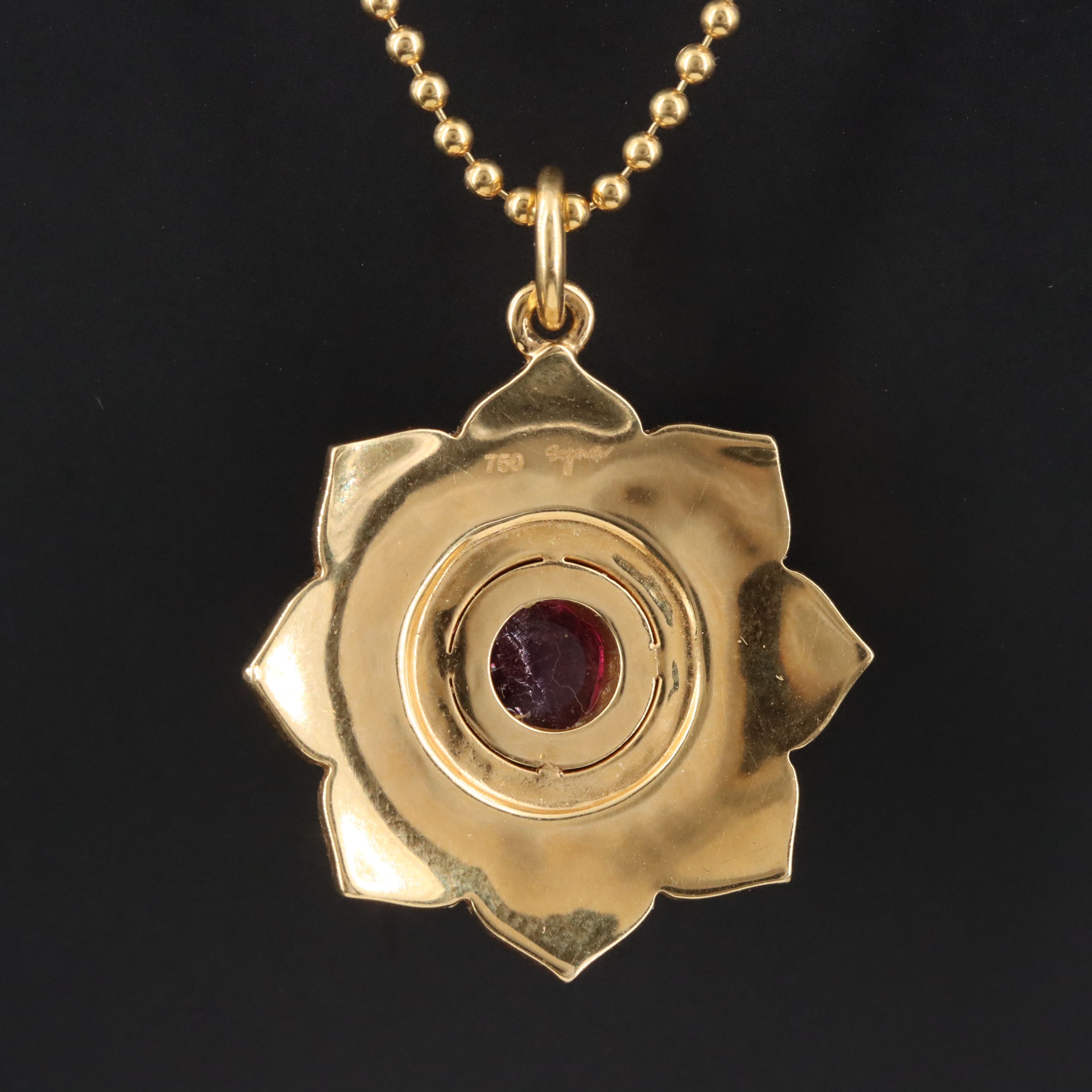 18K Pink Tourmaline Black Onyx and Diamond Flower Pendant Necklace