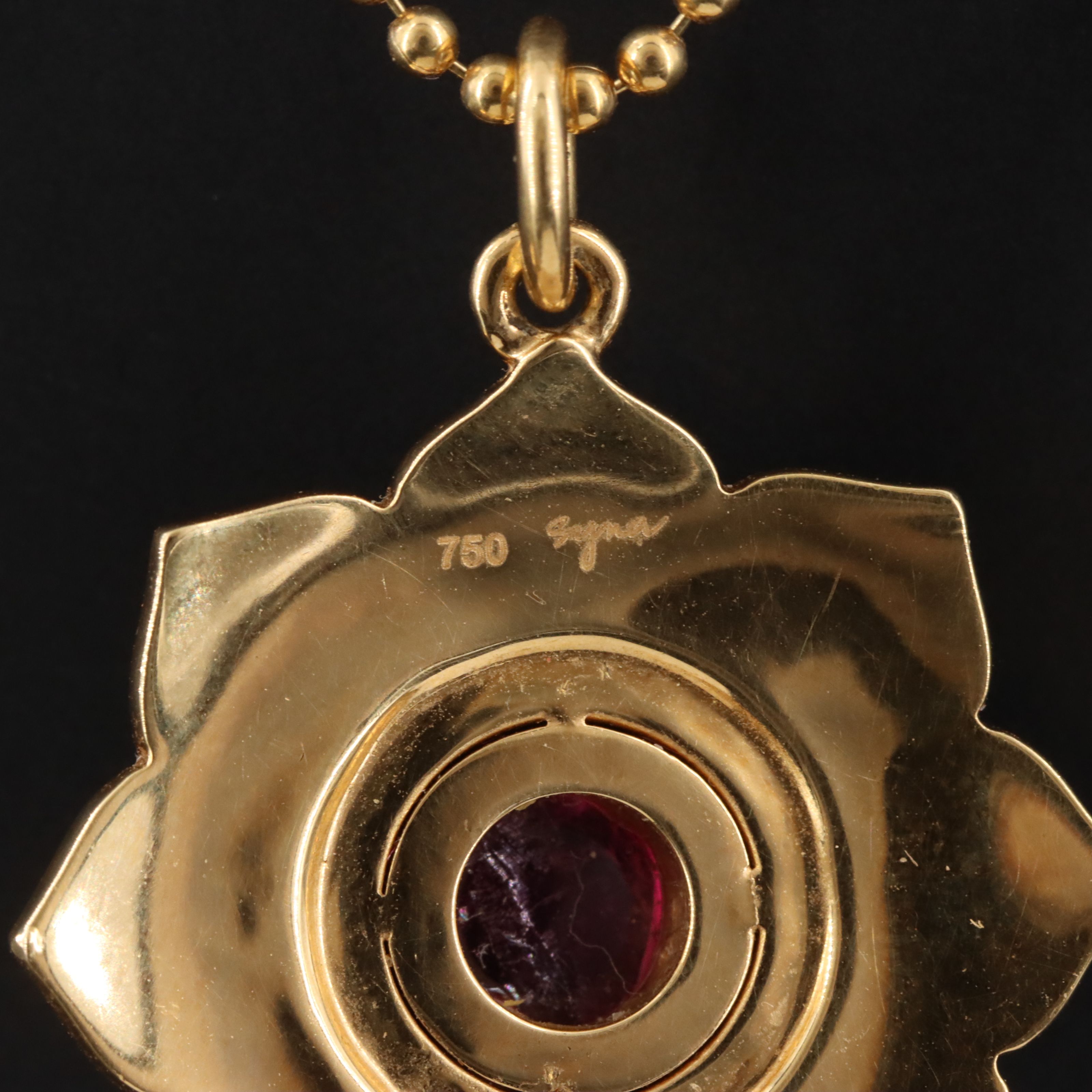 18K Pink Tourmaline Black Onyx and Diamond Flower Pendant Necklace