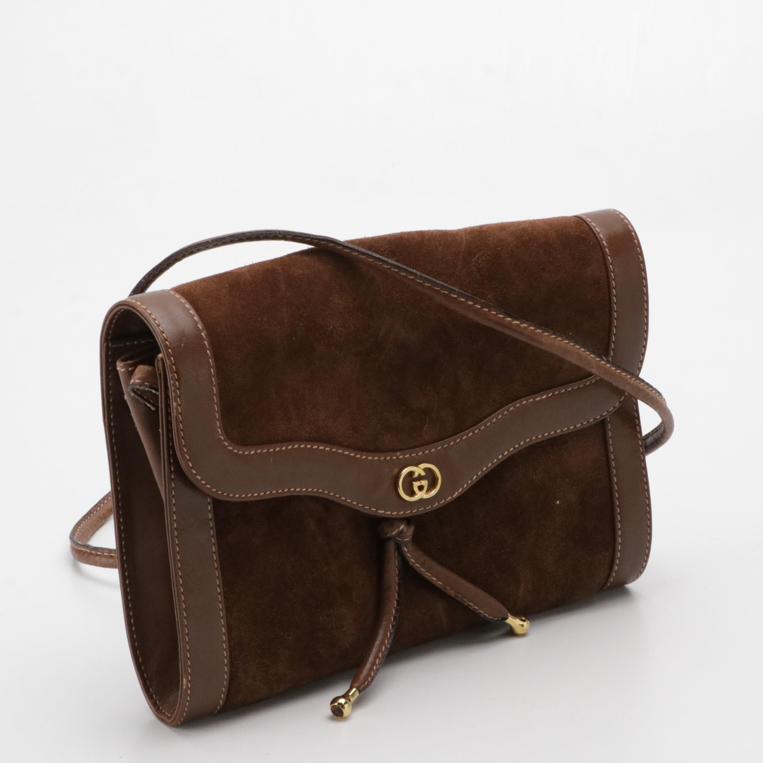 Gucci Brown Suede and Leather Front-Flap Crossbody Bag