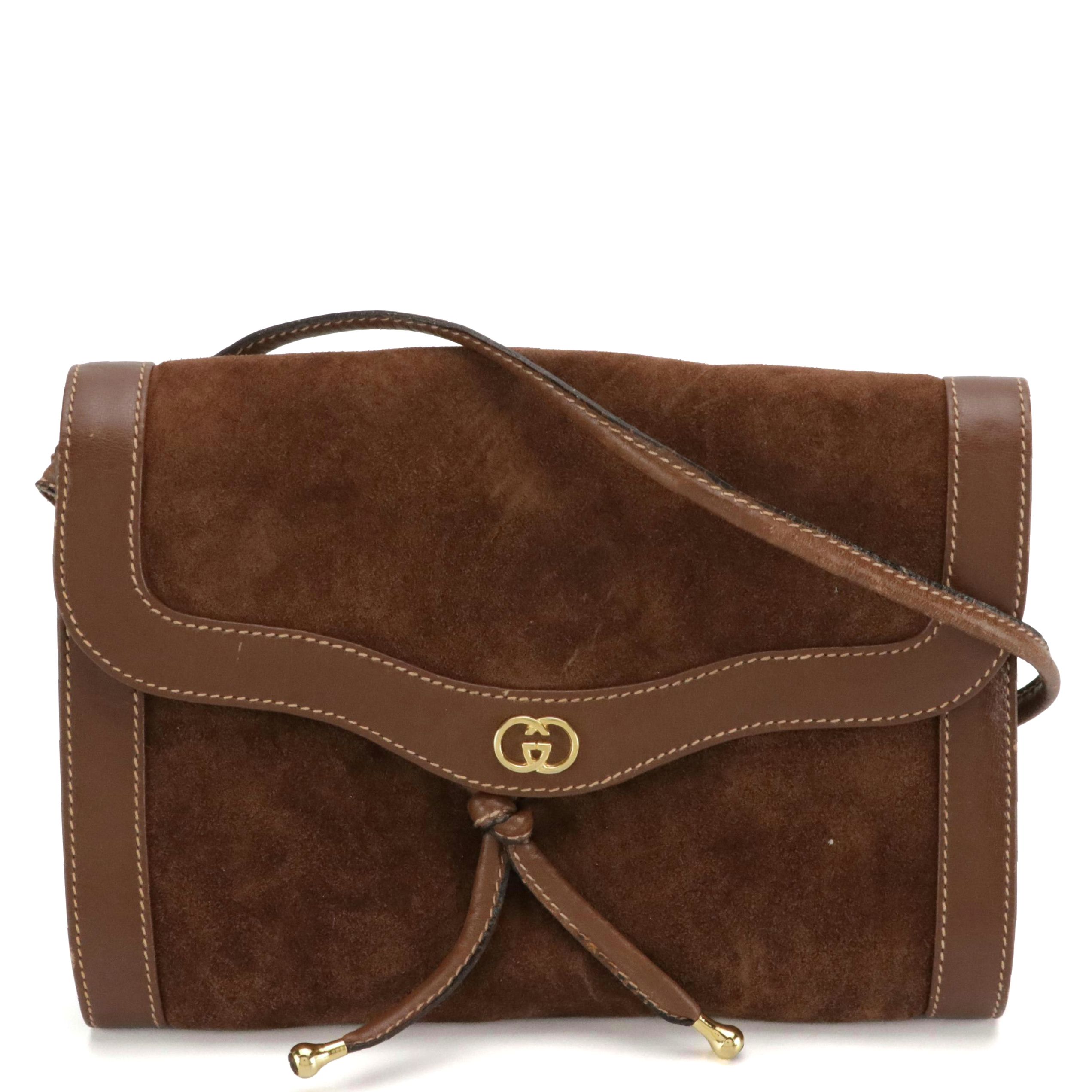 Gucci Brown Suede and Leather Front-Flap Crossbody Bag