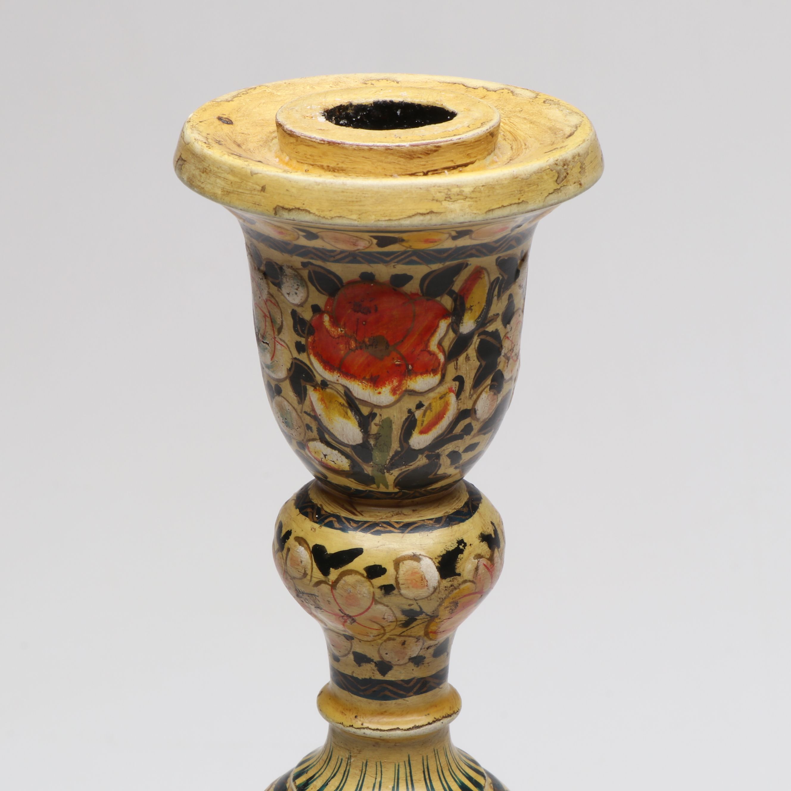 Kashmiri Style Floral Lacquered Candlesticks, 20th Century