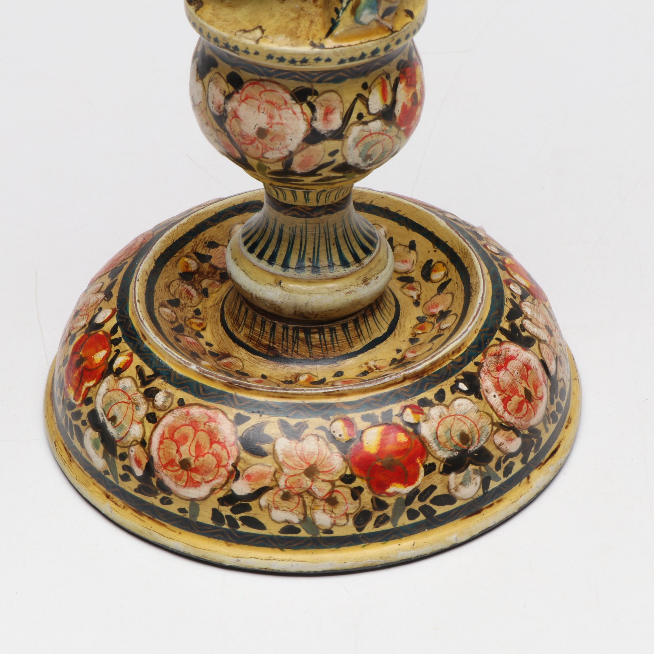 Kashmiri Style Floral Lacquered Candlesticks, 20th Century