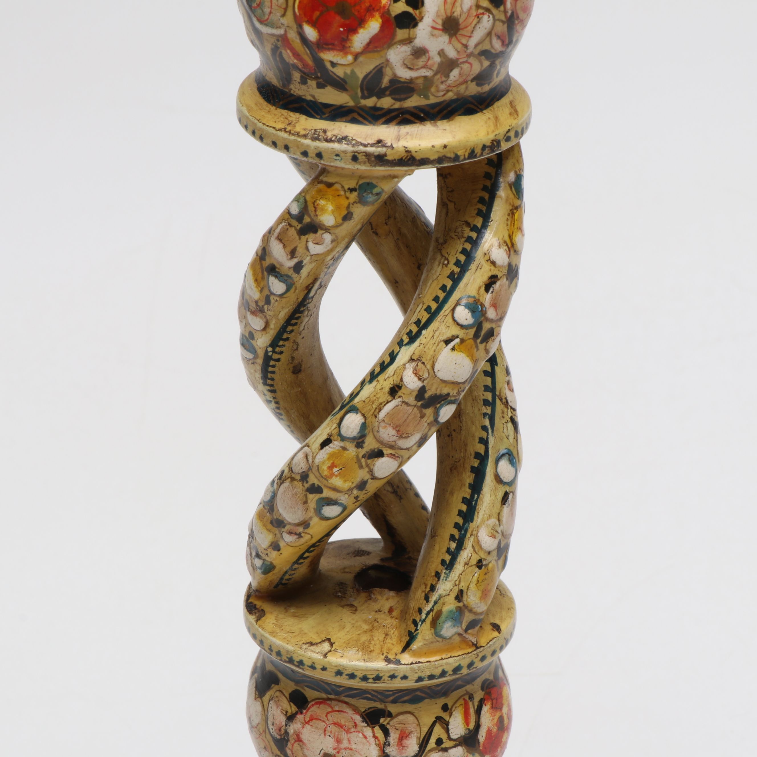 Kashmiri Style Floral Lacquered Candlesticks, 20th Century