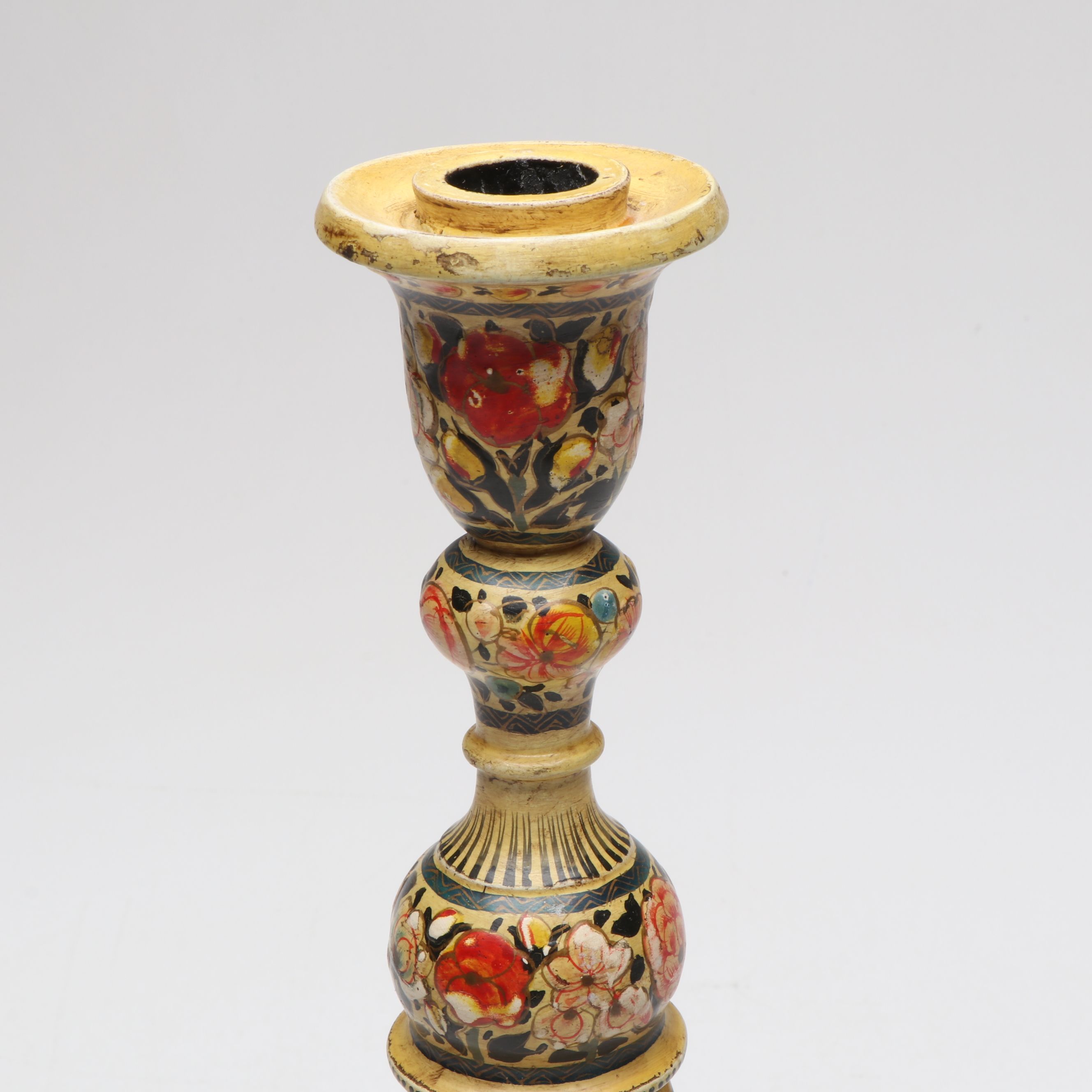 Kashmiri Style Floral Lacquered Candlesticks, 20th Century