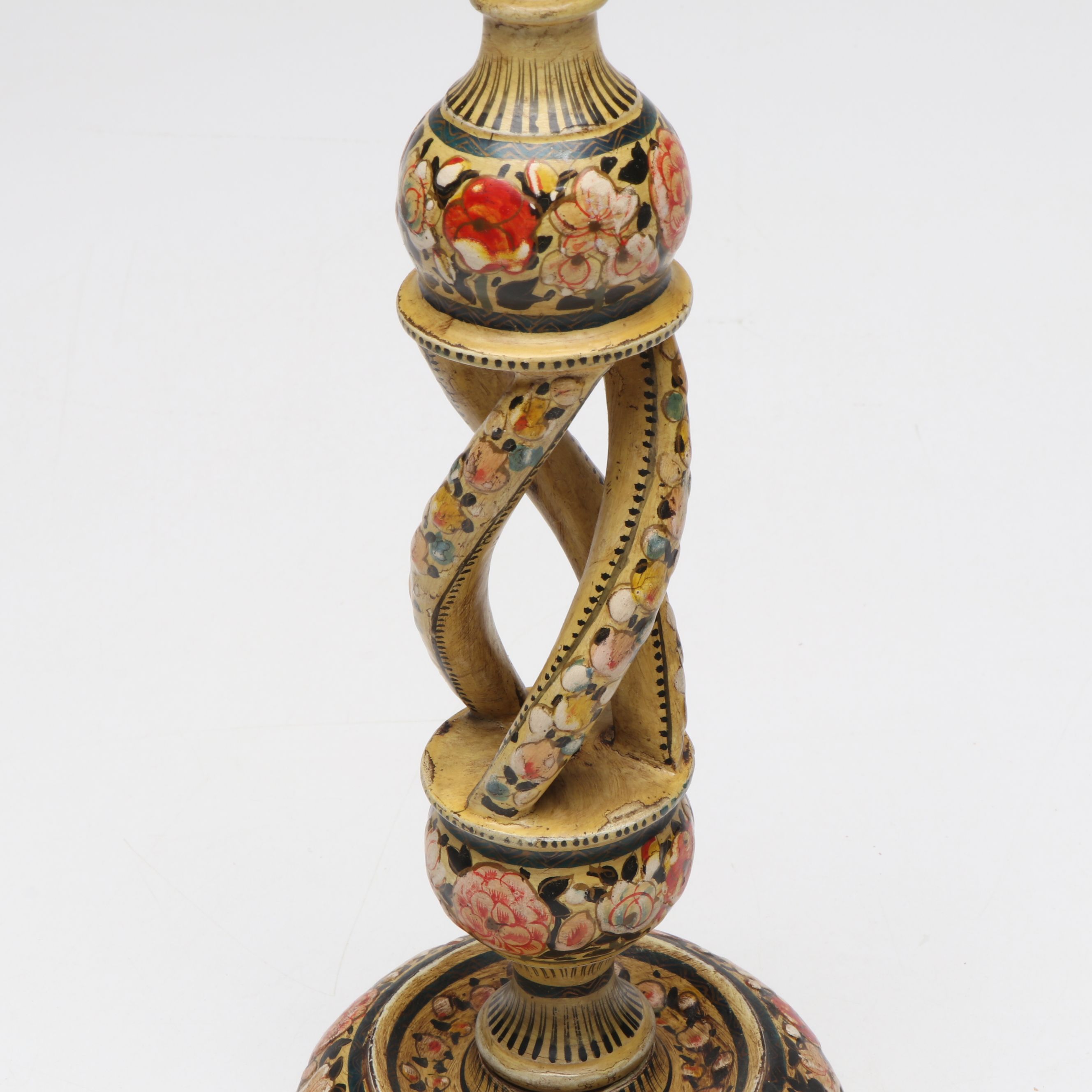 Kashmiri Style Floral Lacquered Candlesticks, 20th Century