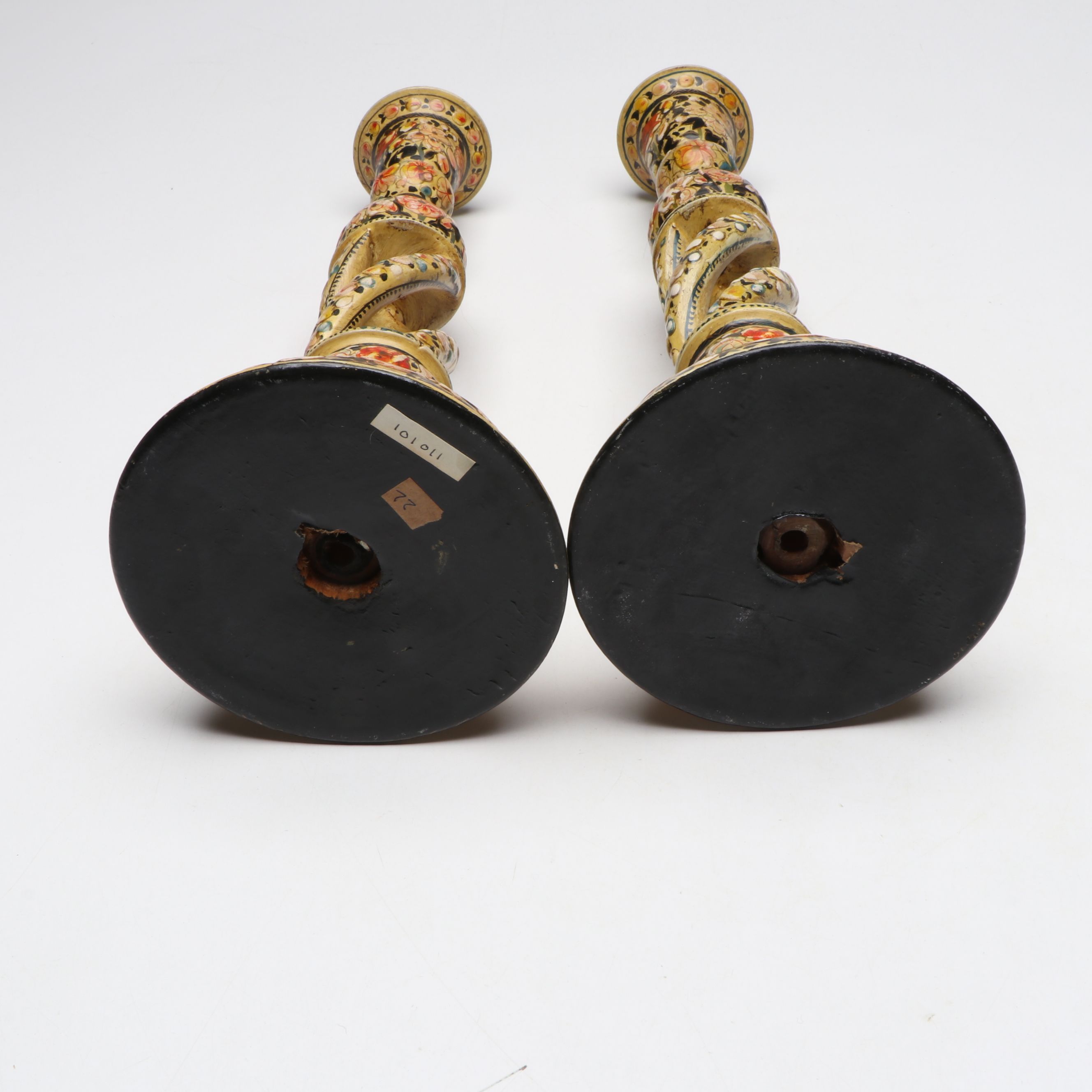 Kashmiri Style Floral Lacquered Candlesticks, 20th Century