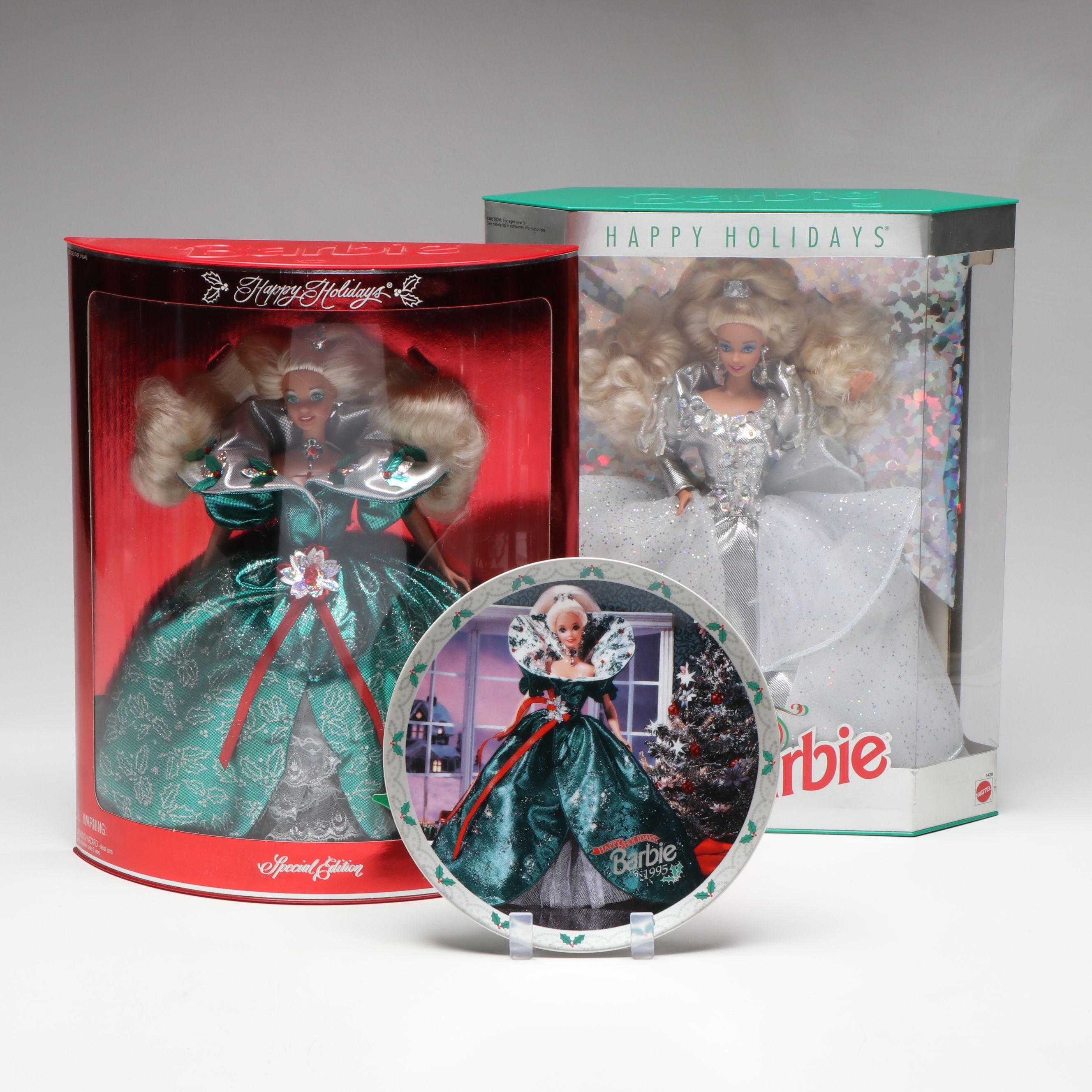 Barbie Special Edition "Happy Holidays" Dolls with Collectors Plate, 1992, 1995