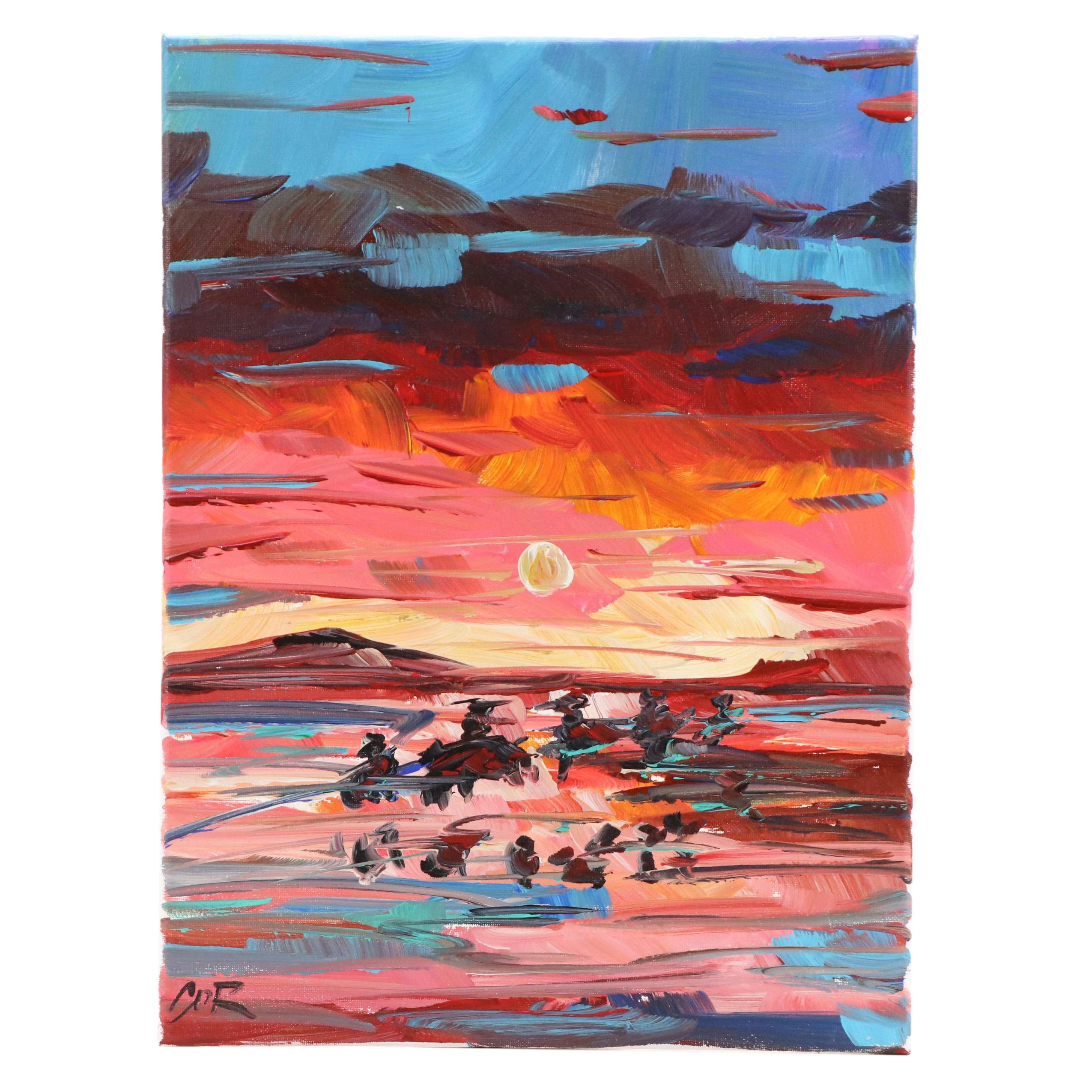 Corbellic Acrylic Painting of Abstract Sunset, 21st Century