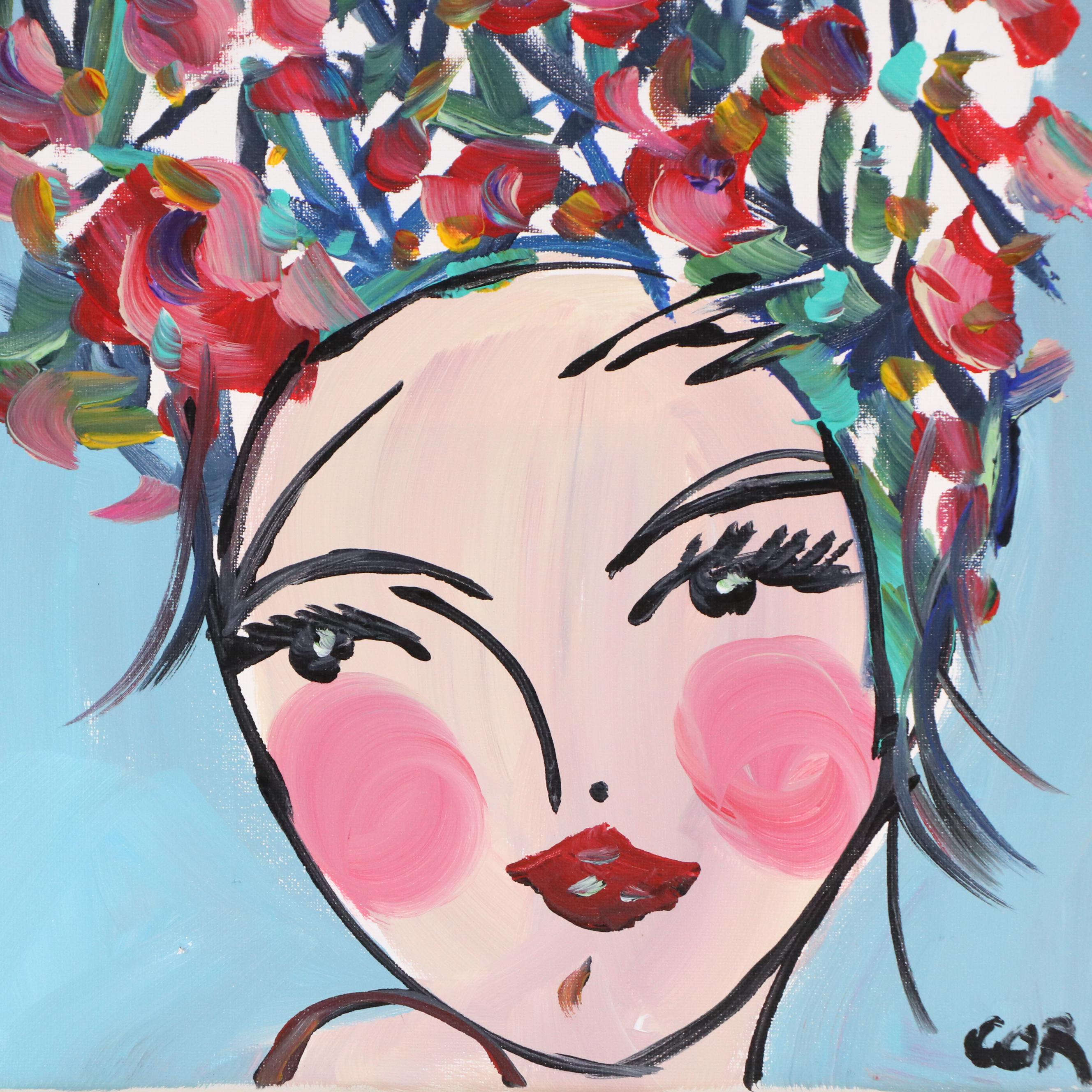 Corbellic Acrylic Painting of Woman with Floral Hat, 21st Century
