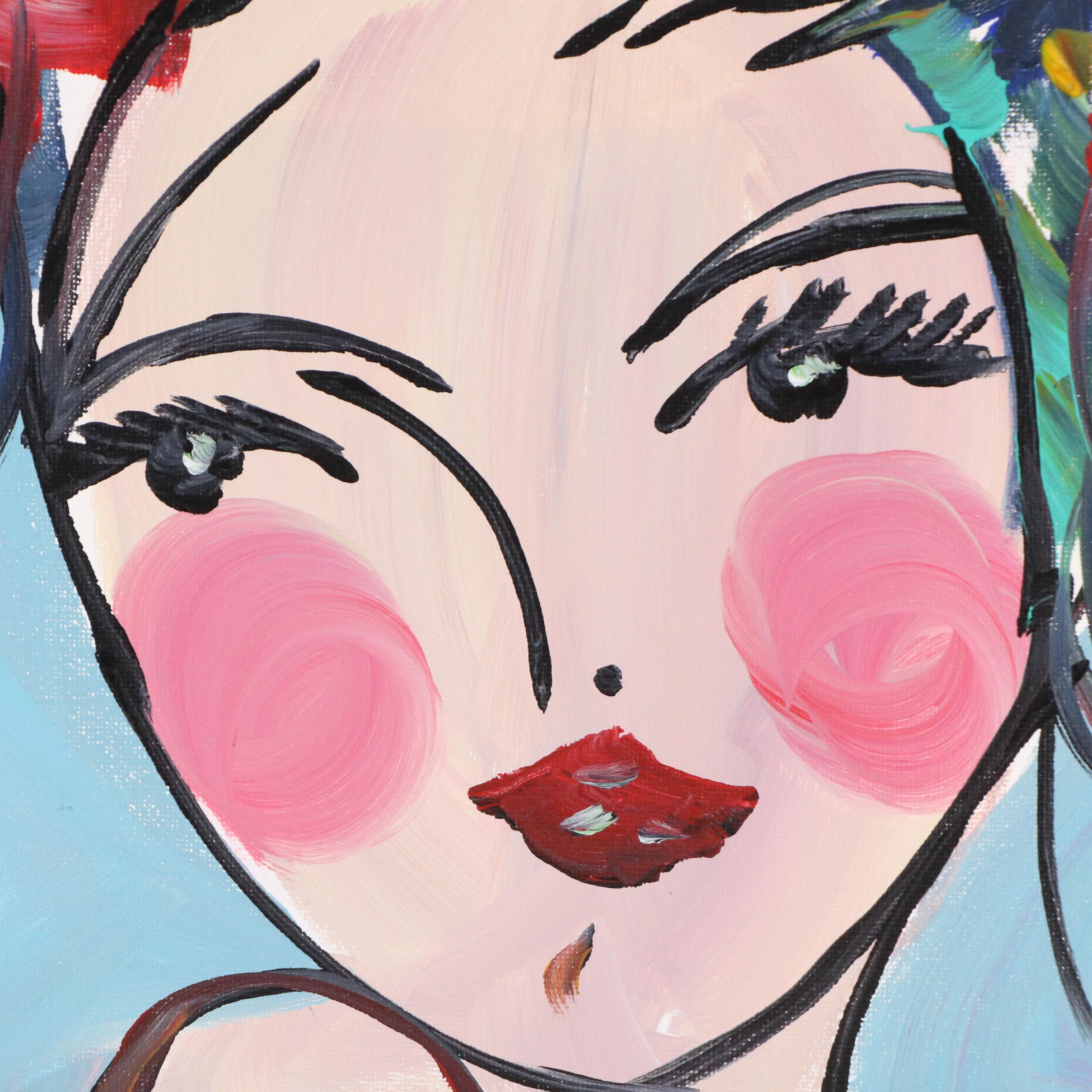 Corbellic Acrylic Painting of Woman with Floral Hat, 21st Century