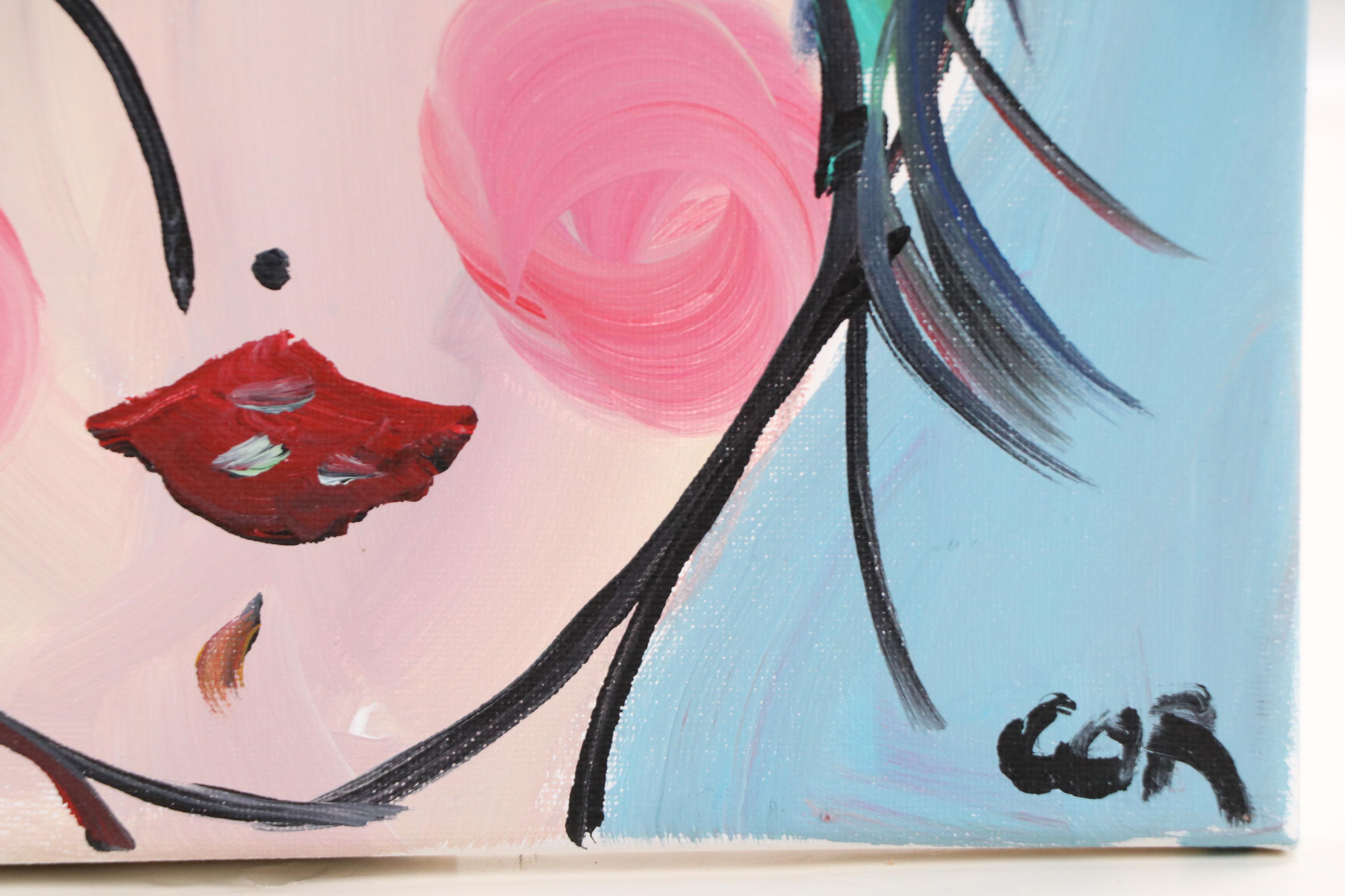 Corbellic Acrylic Painting of Woman with Floral Hat, 21st Century