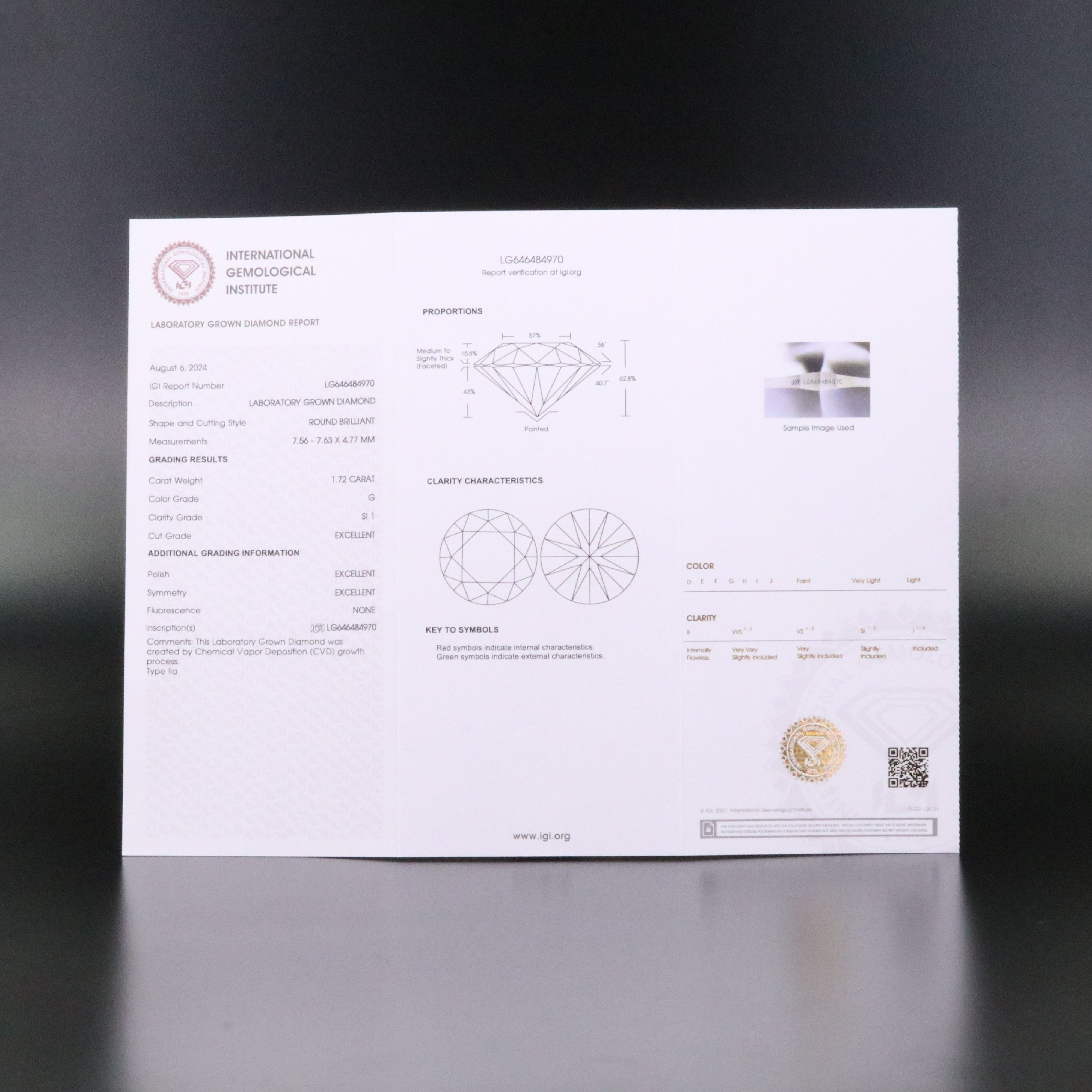 Loose 1.72 CT Lab Grown Diamond with IGI Report