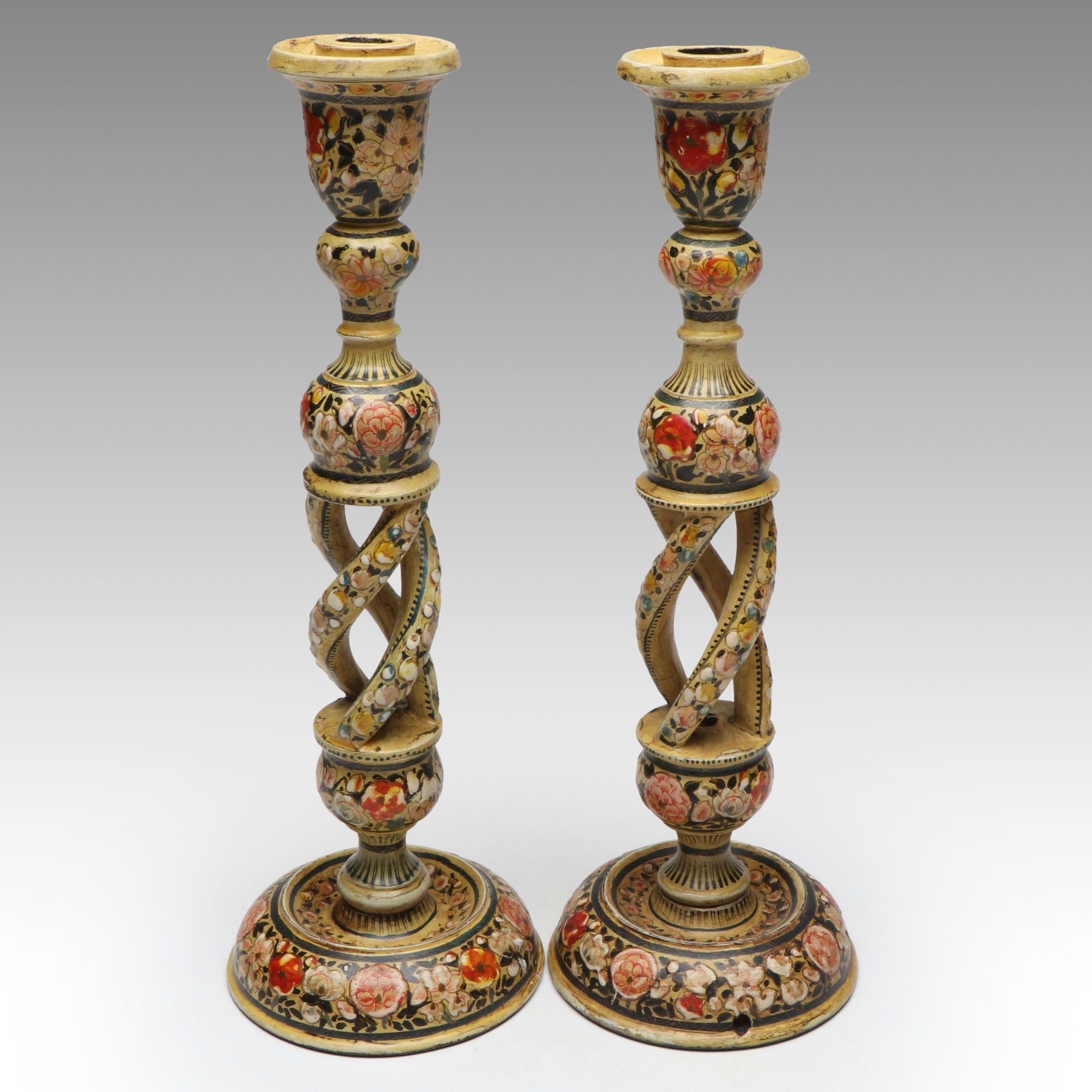Kashmiri Style Floral Lacquered Candlesticks, 20th Century