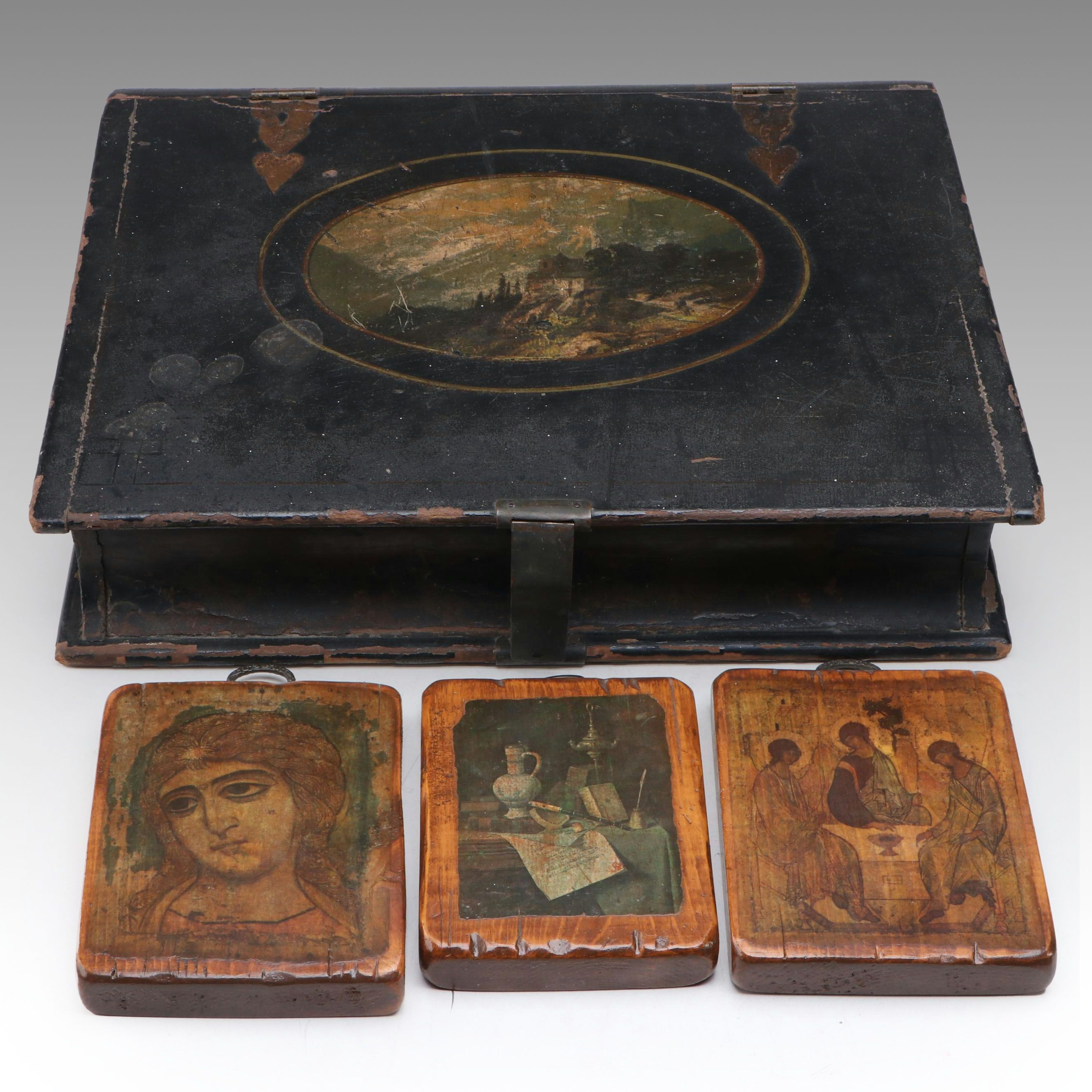Paint-Decorated Document Box with Icon, Still Life, and Portrait Plaques on Wood