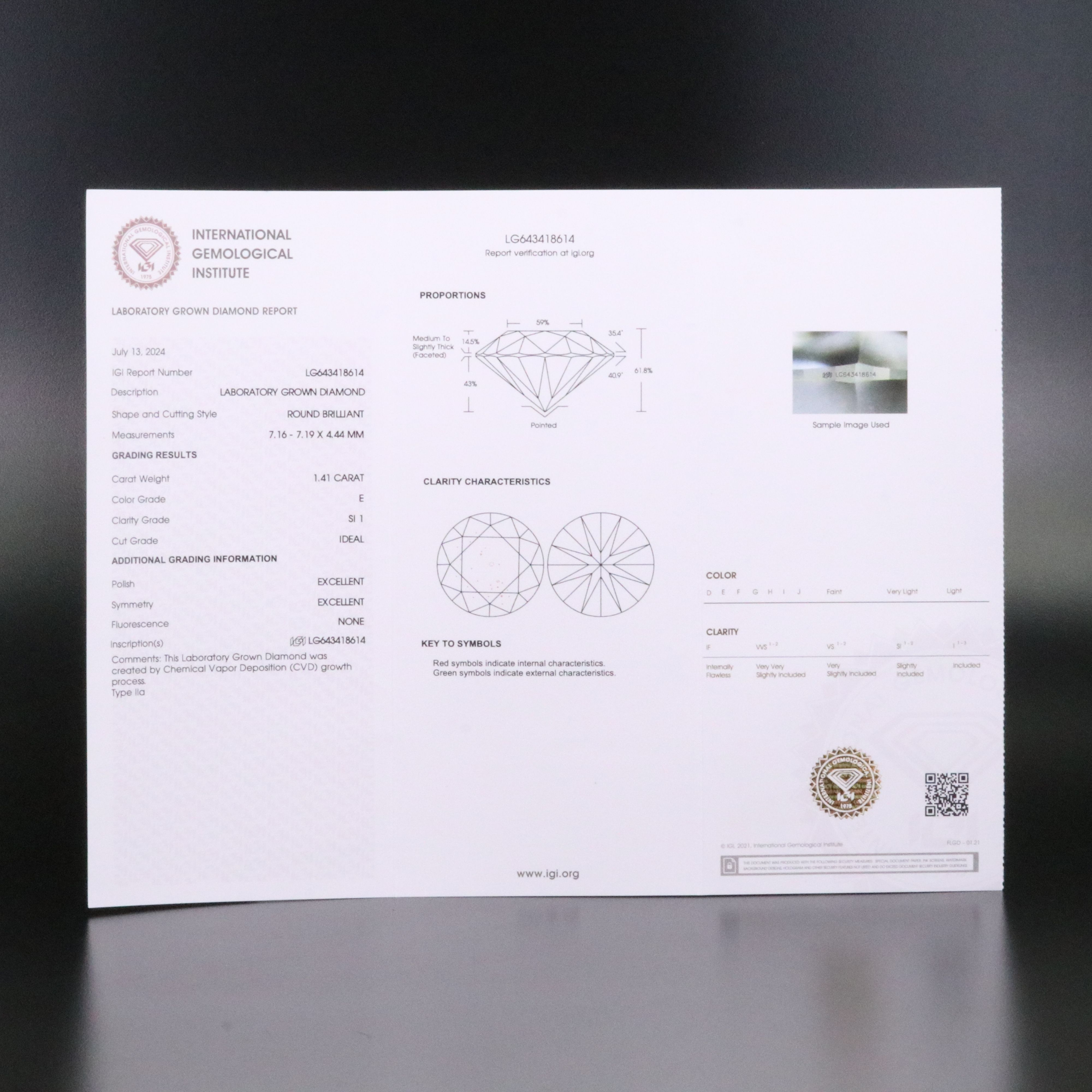 Loose 1.41 CT Lab Grown Diamond with IGI Report